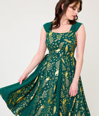 Unique Vintage Green & Gold Peacock Swing Dress - Unique Vintage - Womens, DRESSES, SWING