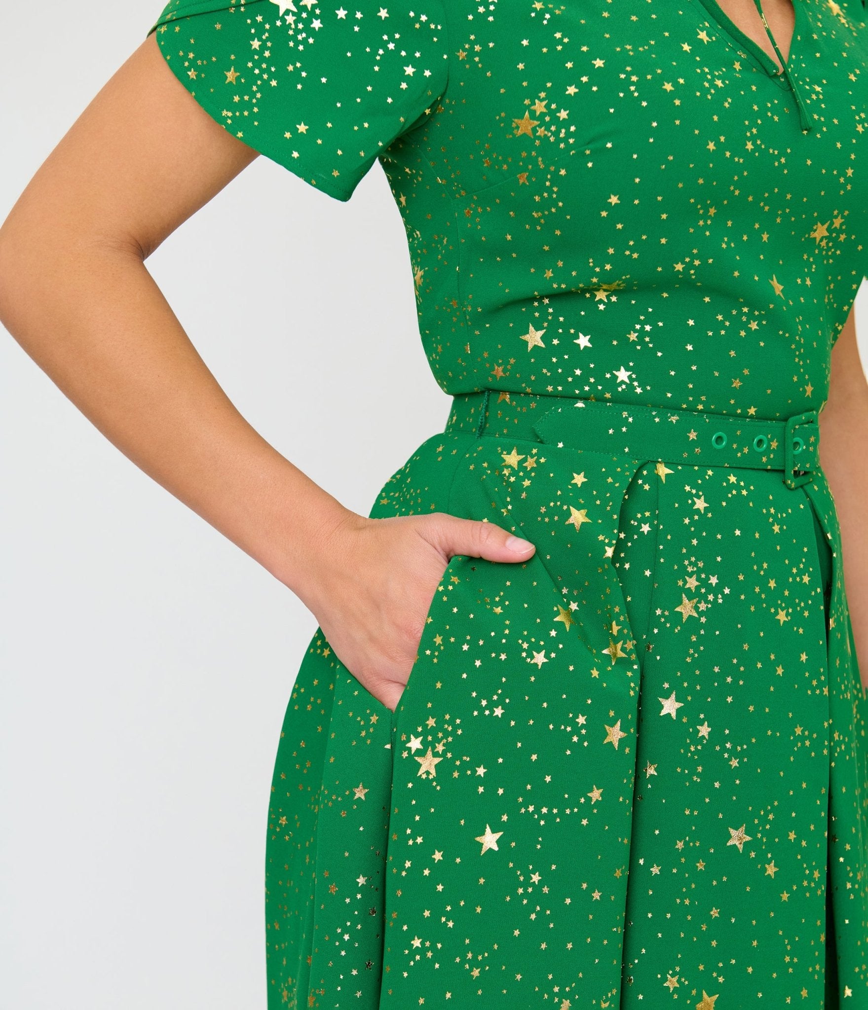 green star dress Unique Vintage Green & Gold Star Dahlia Swing Dress