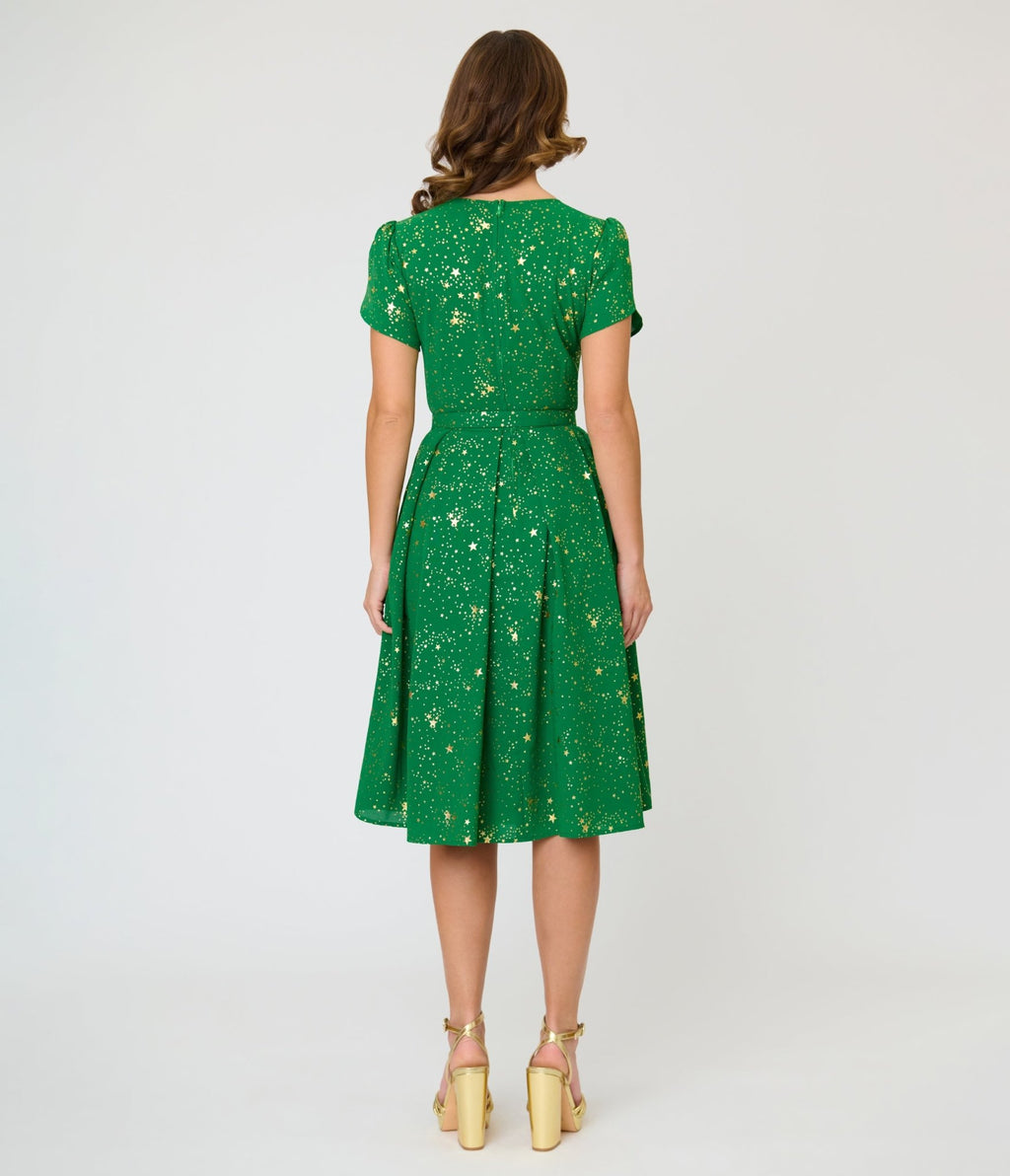 Unique Vintage Green & Gold Star Dahlia Swing Dress - Unique Vintage - Womens, DRESSES, SWING