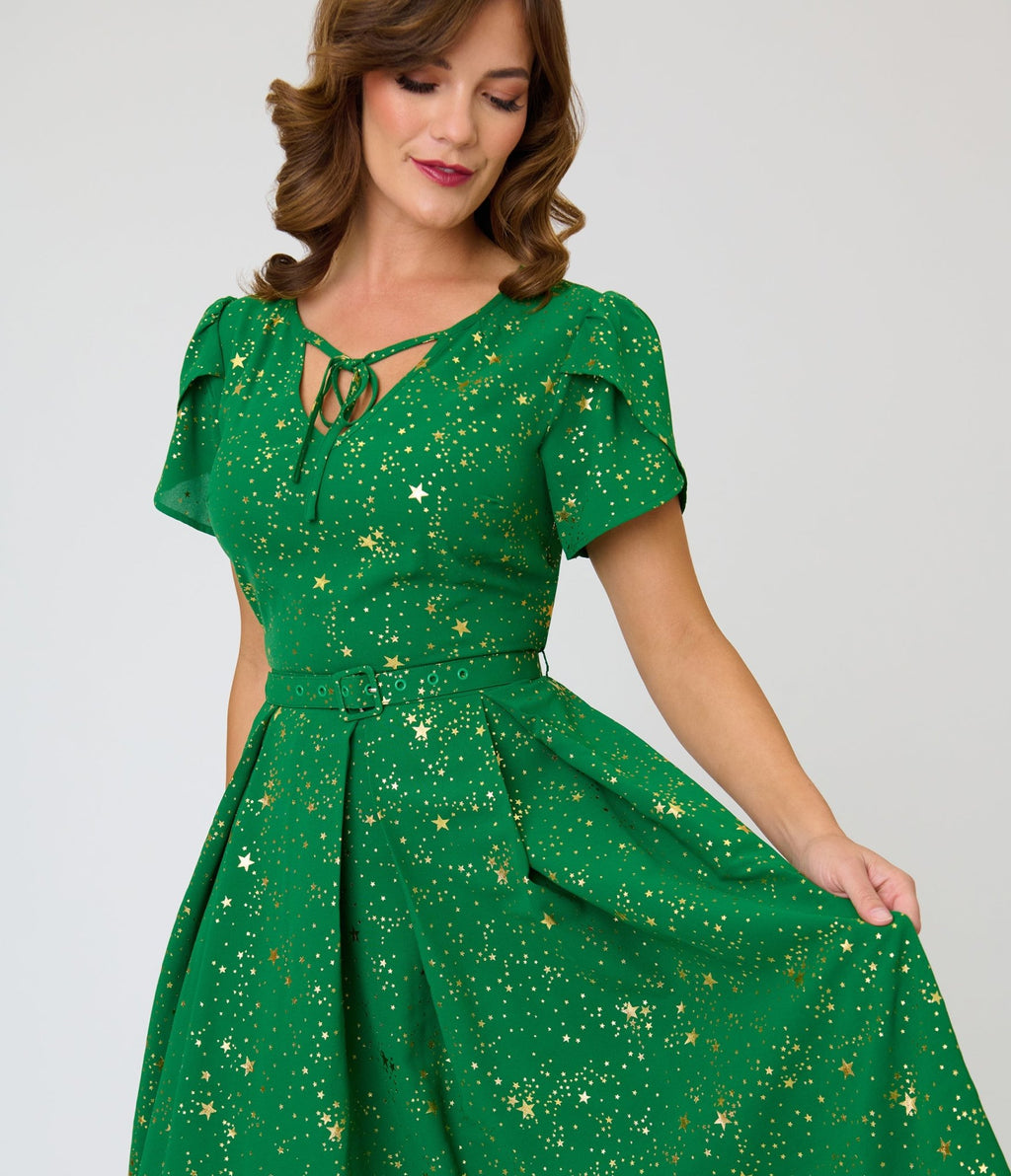 Unique Vintage Green & Gold Star Dahlia Swing Dress - Unique Vintage - Womens, DRESSES, SWING