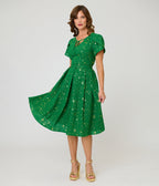 Unique Vintage Green & Gold Star Dahlia Swing Dress - Unique Vintage - Womens, DRESSES, SWING