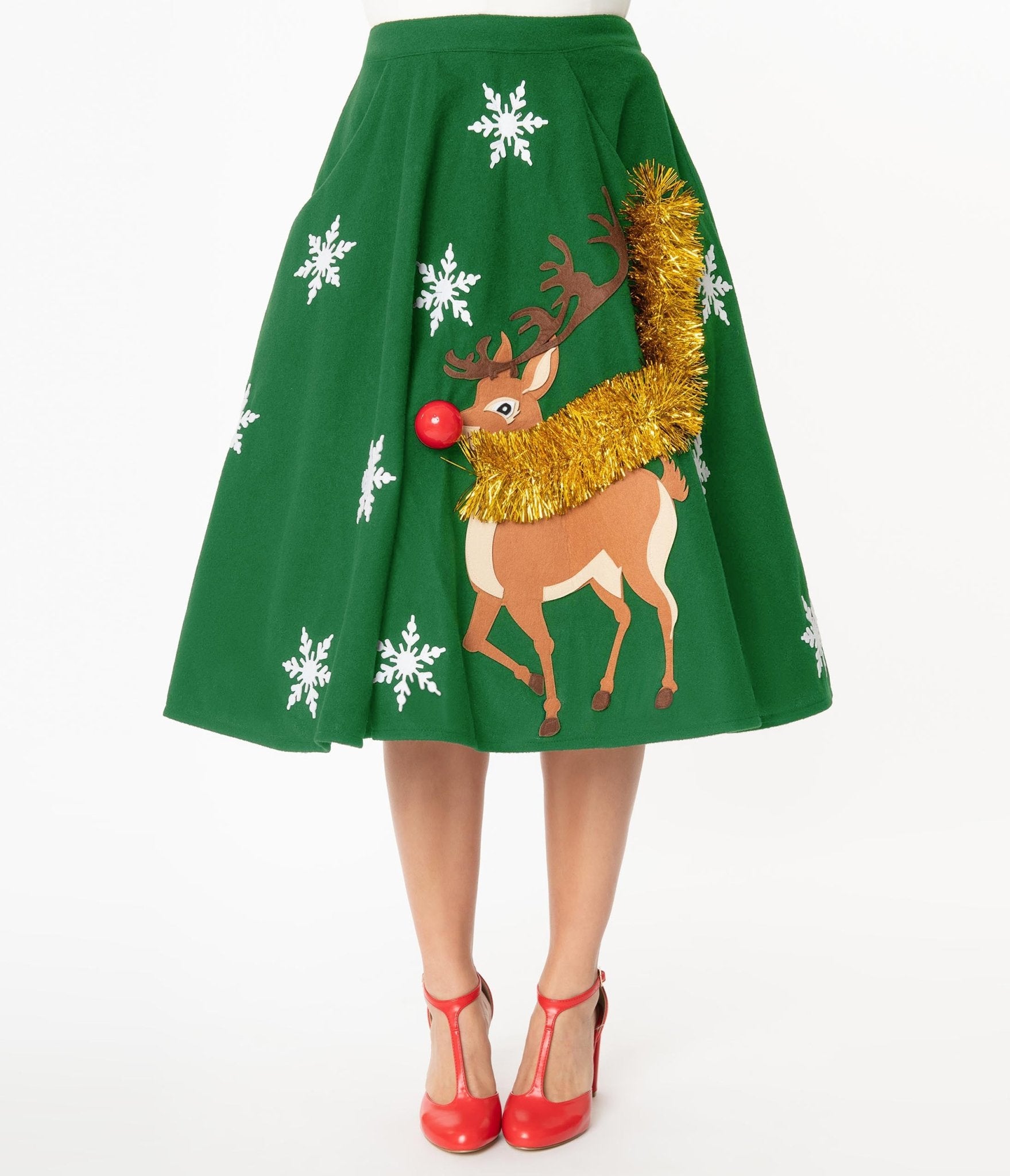 Unique Vintage Green Green Red Nose Reindeer Soda Shop Swing Skirt - Unique Vintage - Womens, BOTTOMS, SKIRTS