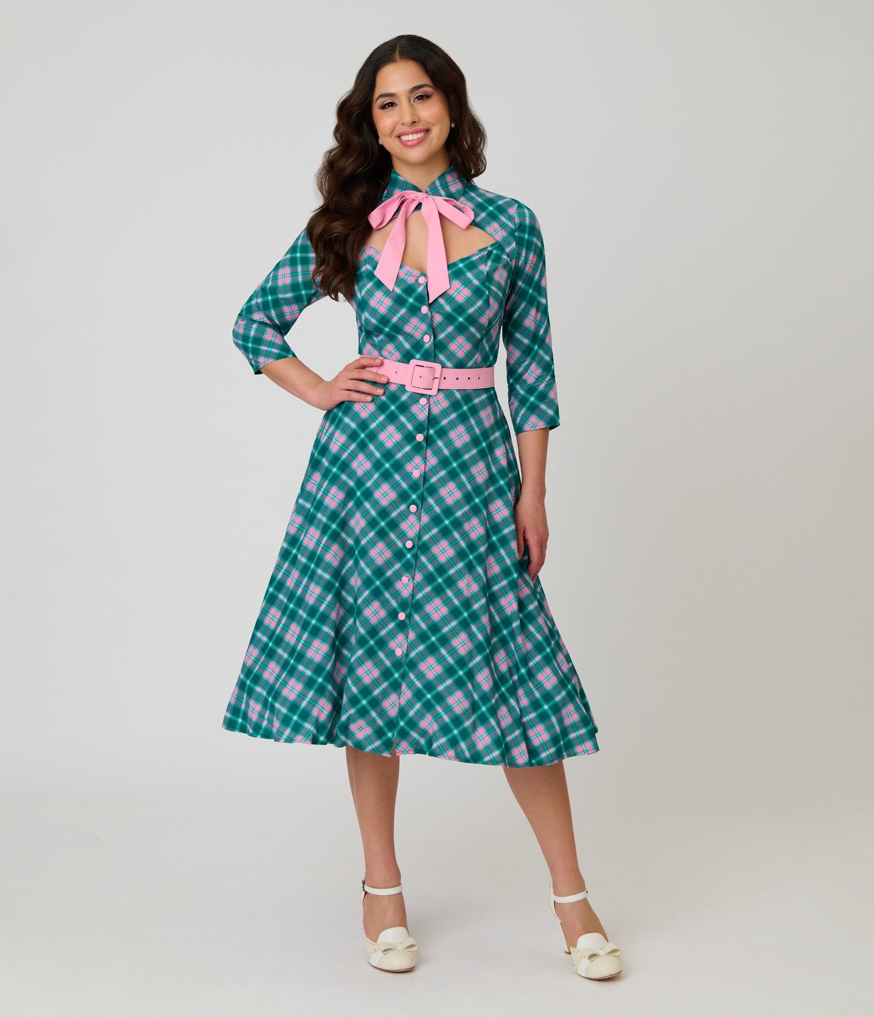 Unique Vintage Green & Light Pink Bias Plaid Swing Dress Unique Vintage Green & Light Pink Bias Plaid Swing Dress