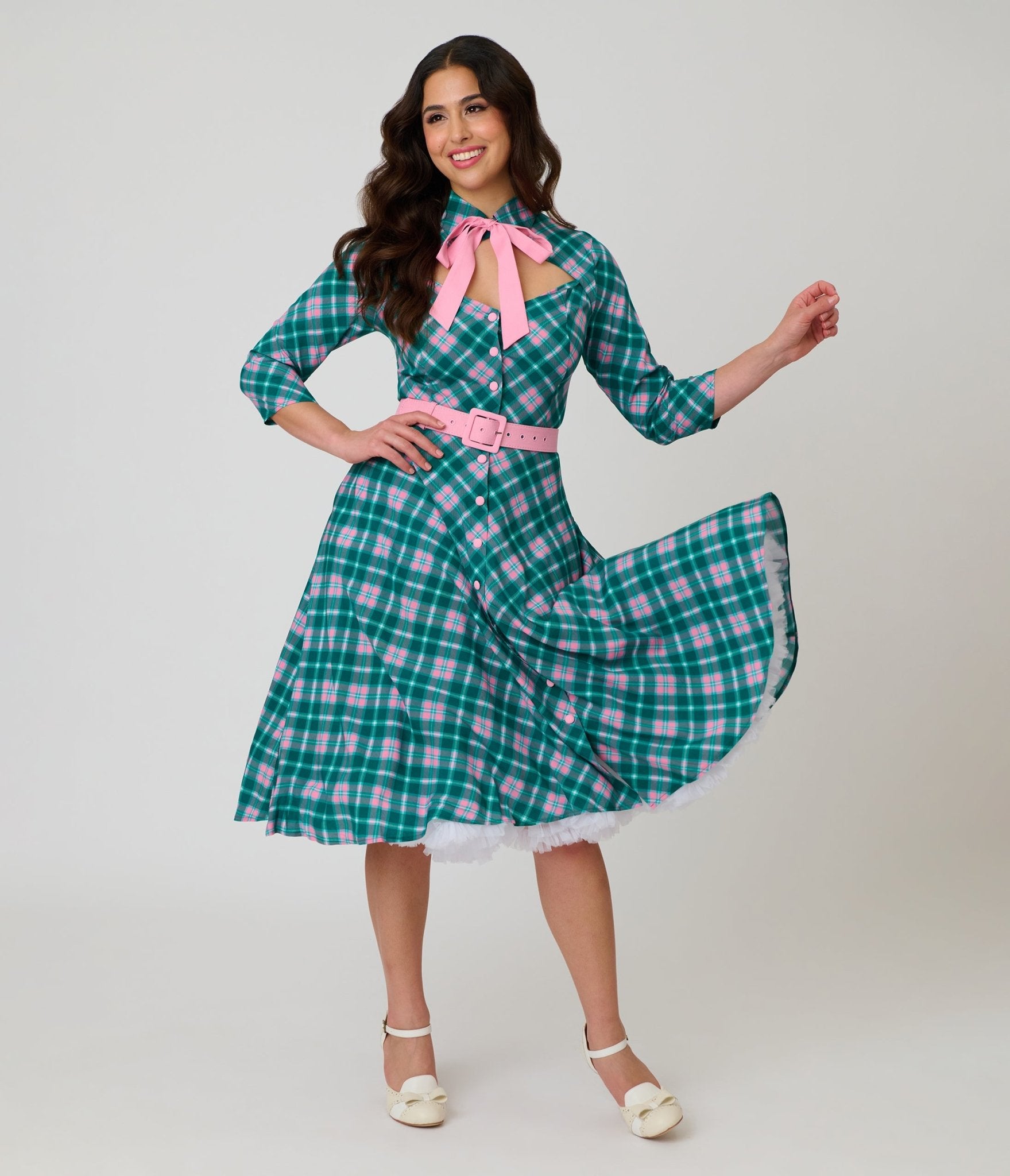Unique Vintage Green & Light Pink Bias Plaid Swing Dress