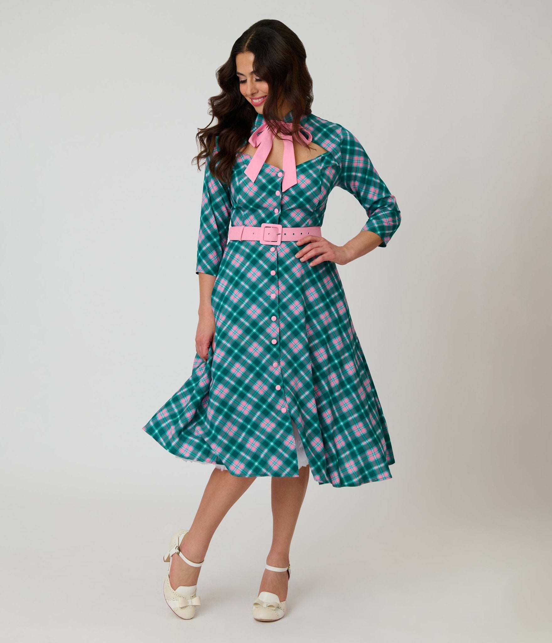 Unique Vintage Green & Light Pink Bias Plaid Swing Dress Unique Vintage Green & Light Pink Bias Plaid Swing Dress