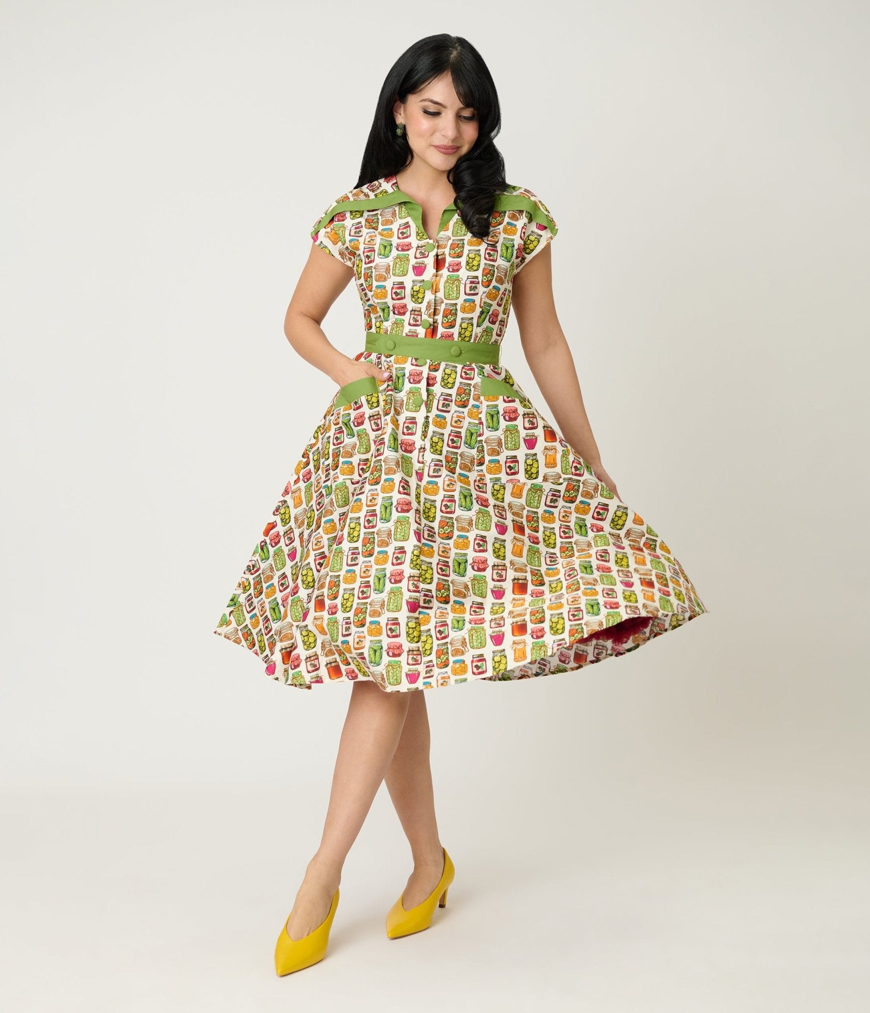 Unique Vintage Green Mason Jar Print Cotton Hedda Swing Dress