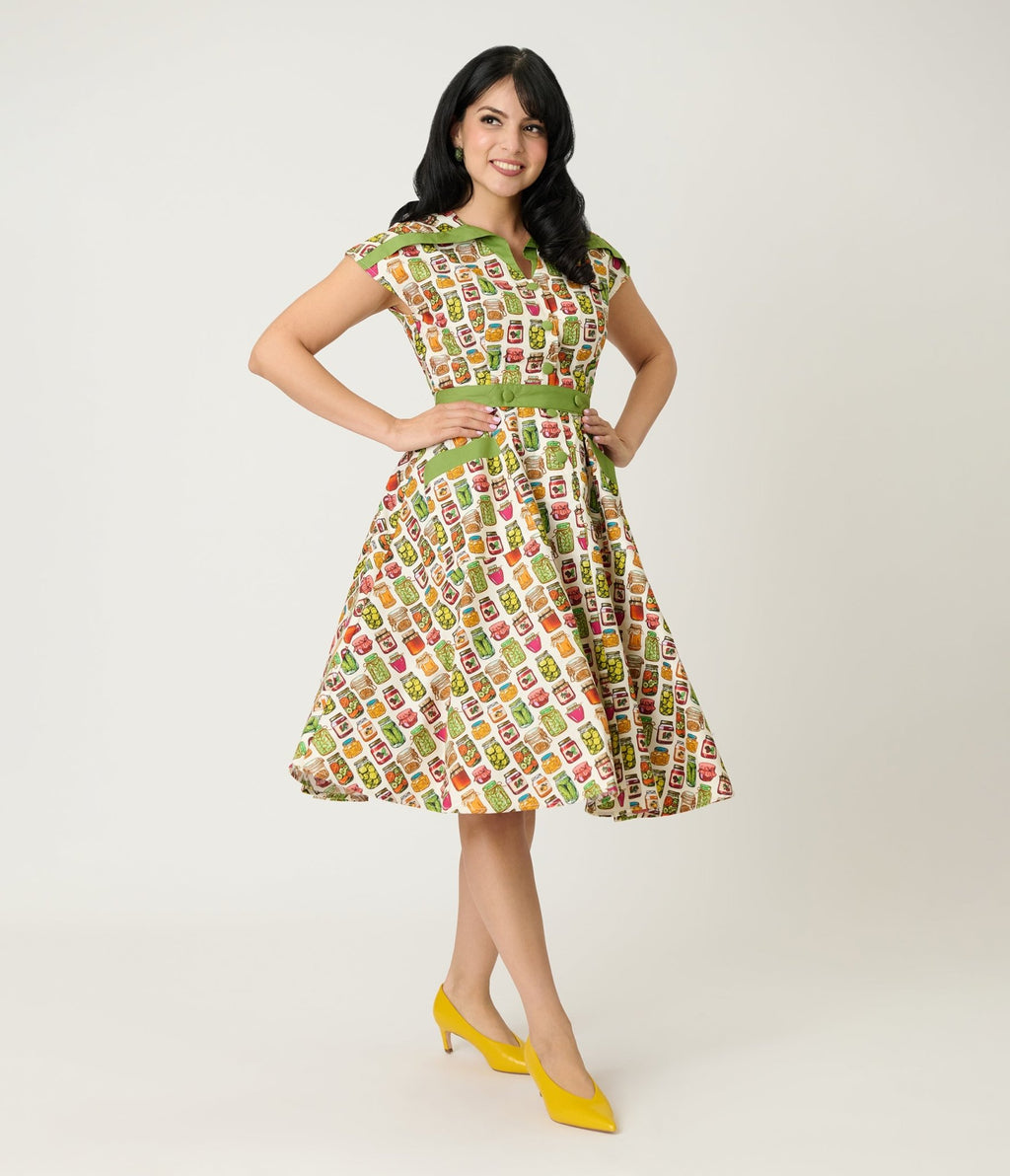 Unique Vintage Green Mason Jar Print Cotton Hedda Swing Dress Unique Vintage Green Mason Jar Print Cotton Hedda Swing Dress
