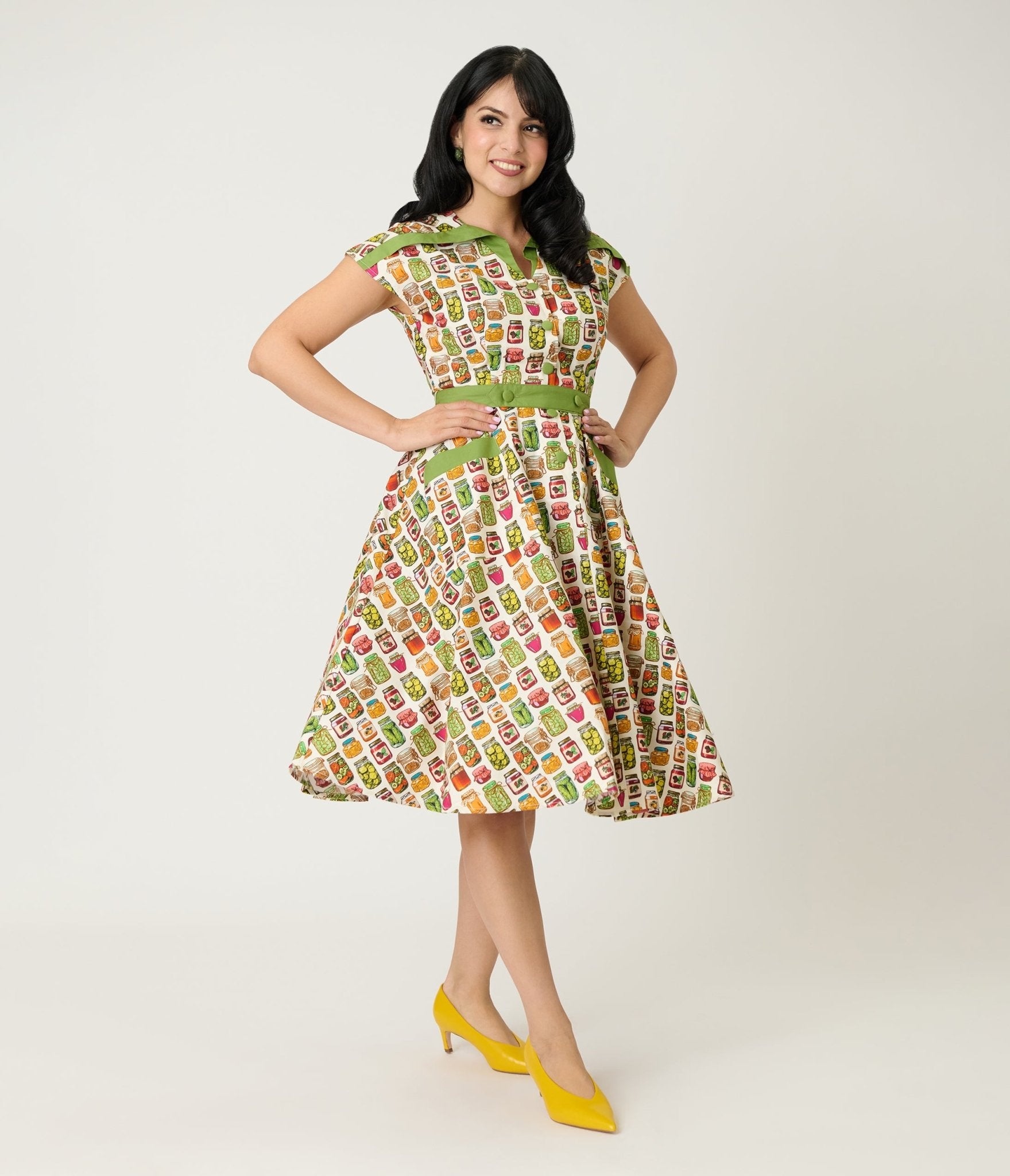 Unique Vintage Green Mason Jar Print Cotton Hedda Swing Dress Unique Vintage Green Mason Jar Print Cotton Hedda Swing Dress