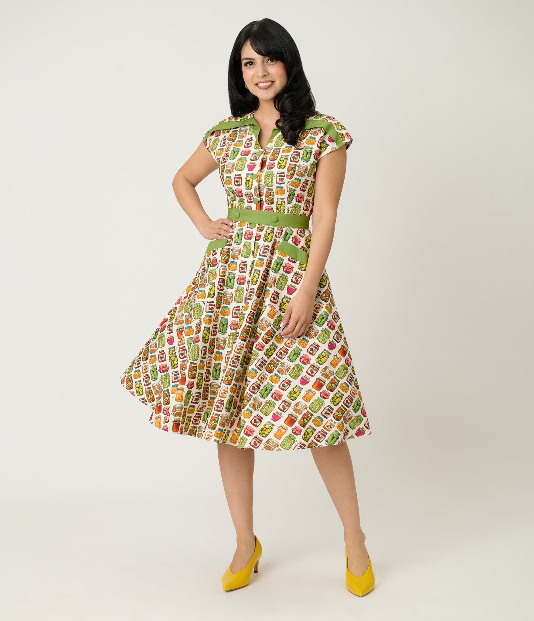 Unique Vintage Green Mason Jar Print Cotton Hedda Swing Dress Unique Vintage Green Mason Jar Print Cotton Hedda Swing Dress