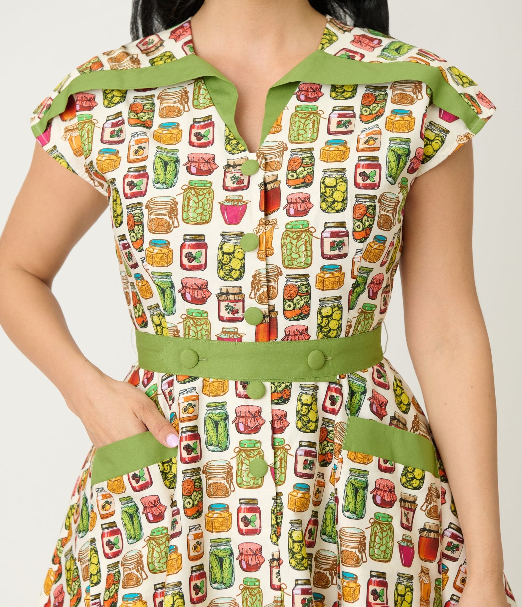 Unique Vintage Green Mason Jar Print Cotton Hedda Swing Dress Unique Vintage Green Mason Jar Print Cotton Hedda Swing Dress