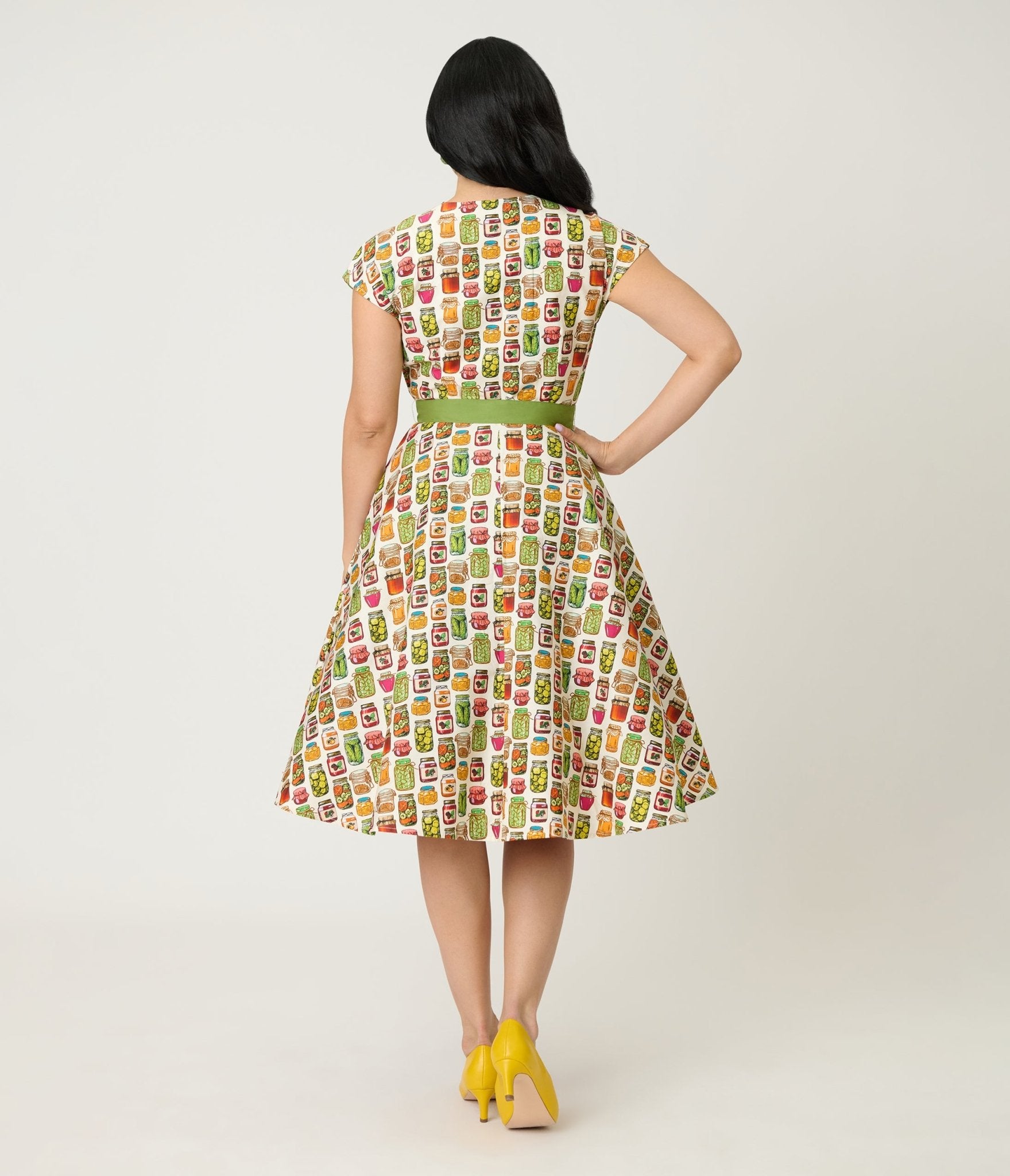 Unique Vintage Green Mason Jar Print Cotton Hedda Swing Dress Unique Vintage Green Mason Jar Print Cotton Hedda Swing Dress