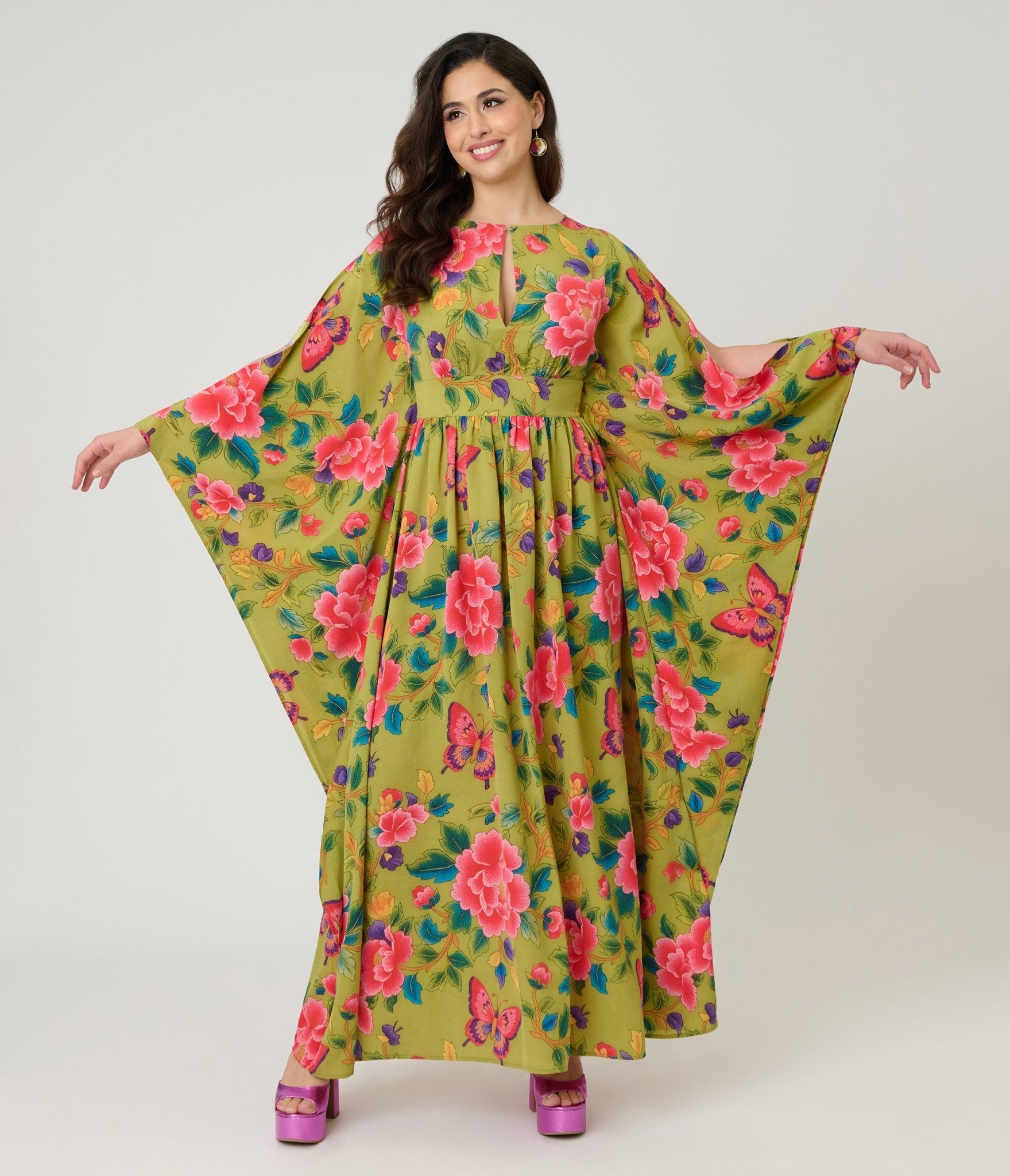 Unique Vintage Green & Pink Butterfly Floral Flutter Sleeve Caftan