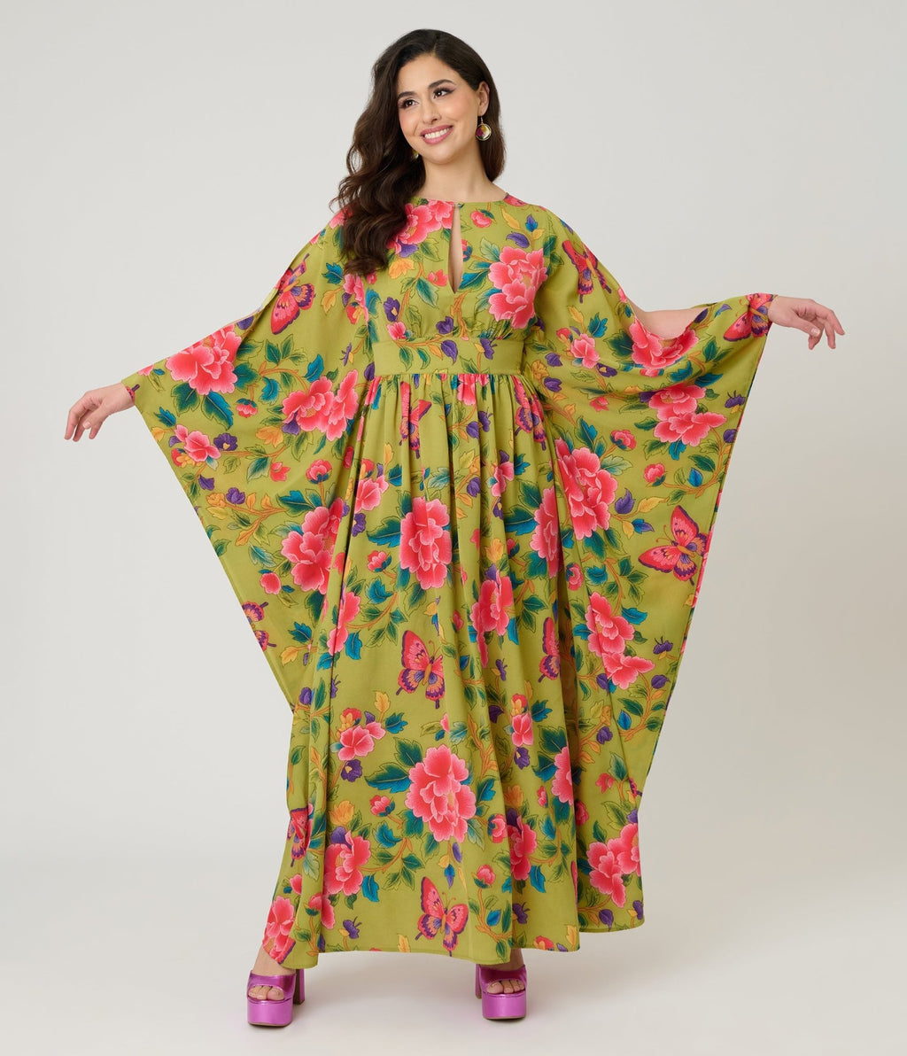 Unique Vintage Green & Pink Butterfly Floral Flutter Sleeve Caftan - Unique Vintage - Womens, DRESSES, MAXI