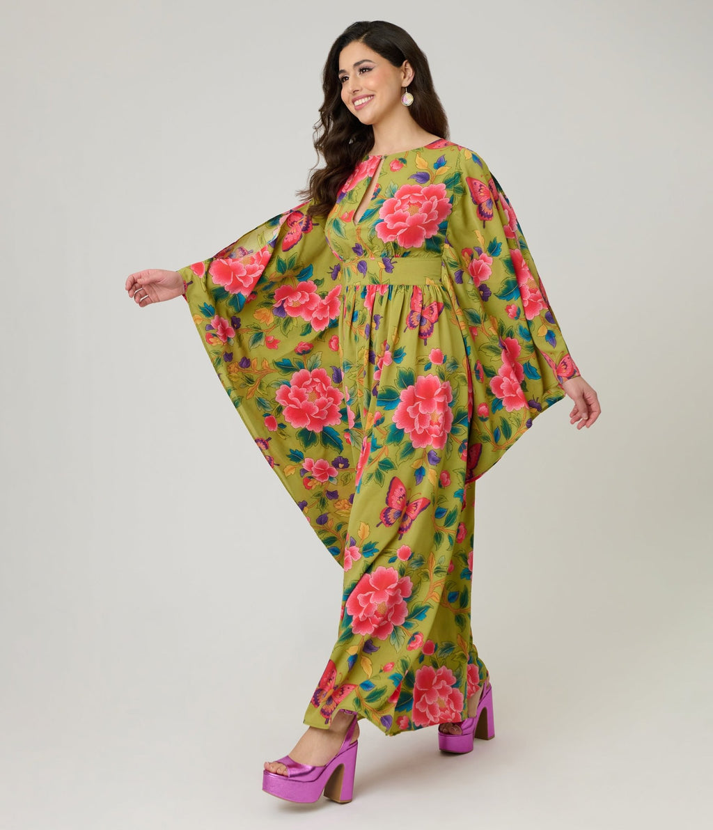 Unique Vintage Green & Pink Butterfly Floral Flutter Sleeve Caftan - Unique Vintage - Womens, DRESSES, MAXI
