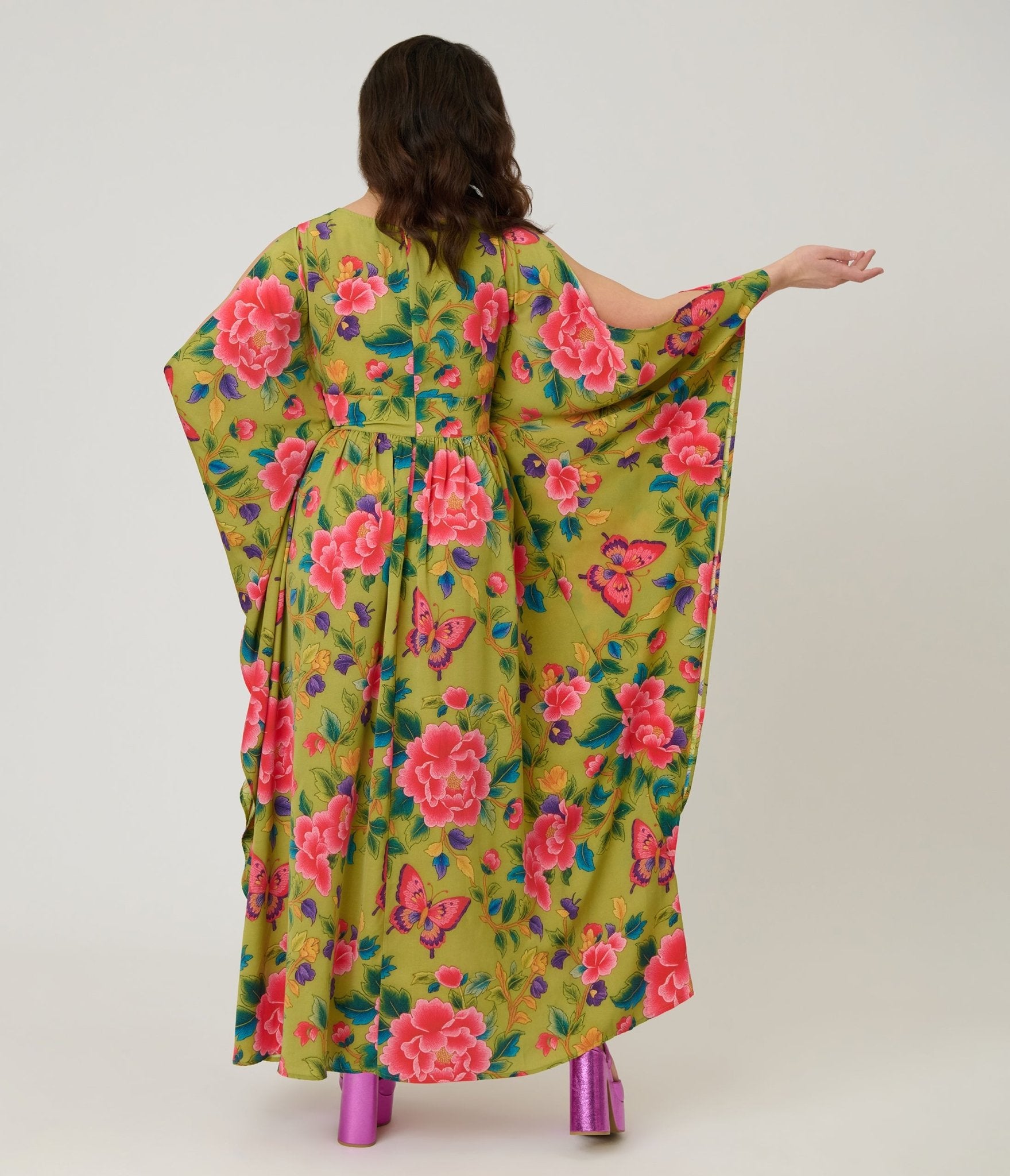 Unique Vintage Green & Pink Butterfly Floral Flutter Sleeve Caftan - Unique Vintage - Womens, DRESSES, MAXI