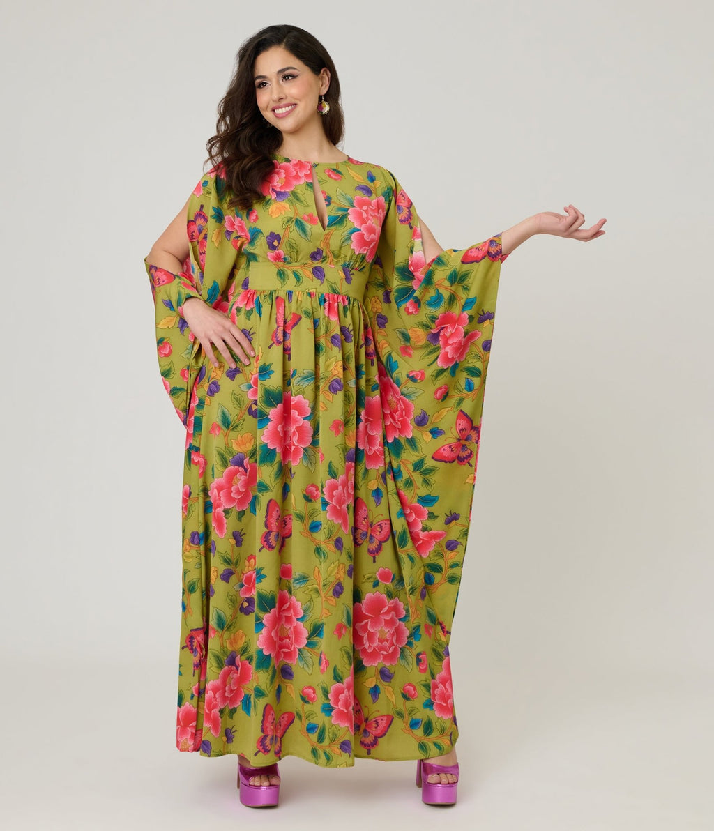 Unique Vintage Green & Pink Butterfly Floral Flutter Sleeve Caftan - Unique Vintage - Womens, DRESSES, MAXI