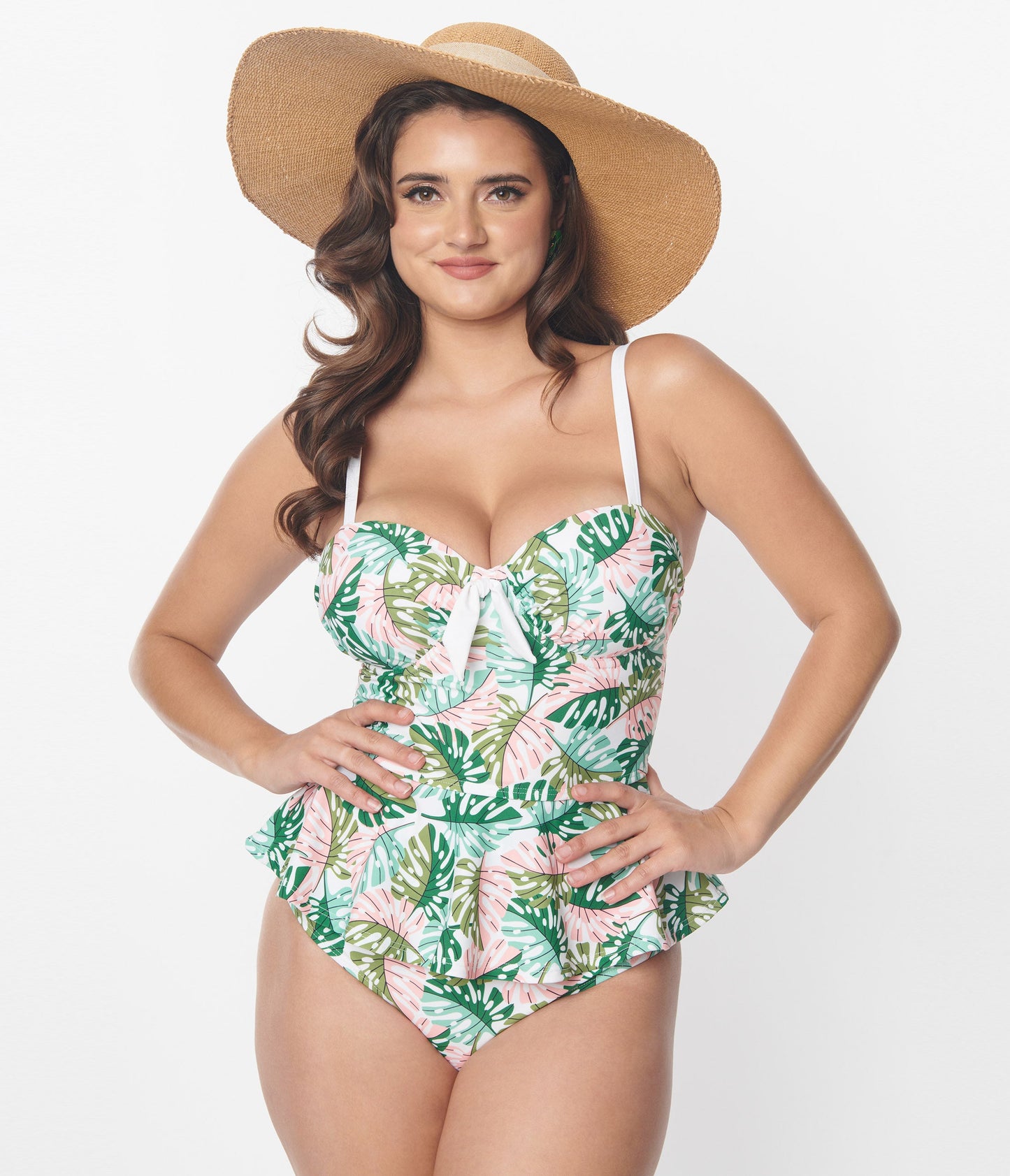 Unique Vintage Green & Pink Monstera Leaf Solana Tankini Swim Top - Unique Vintage - Womens, SWIM, TOP