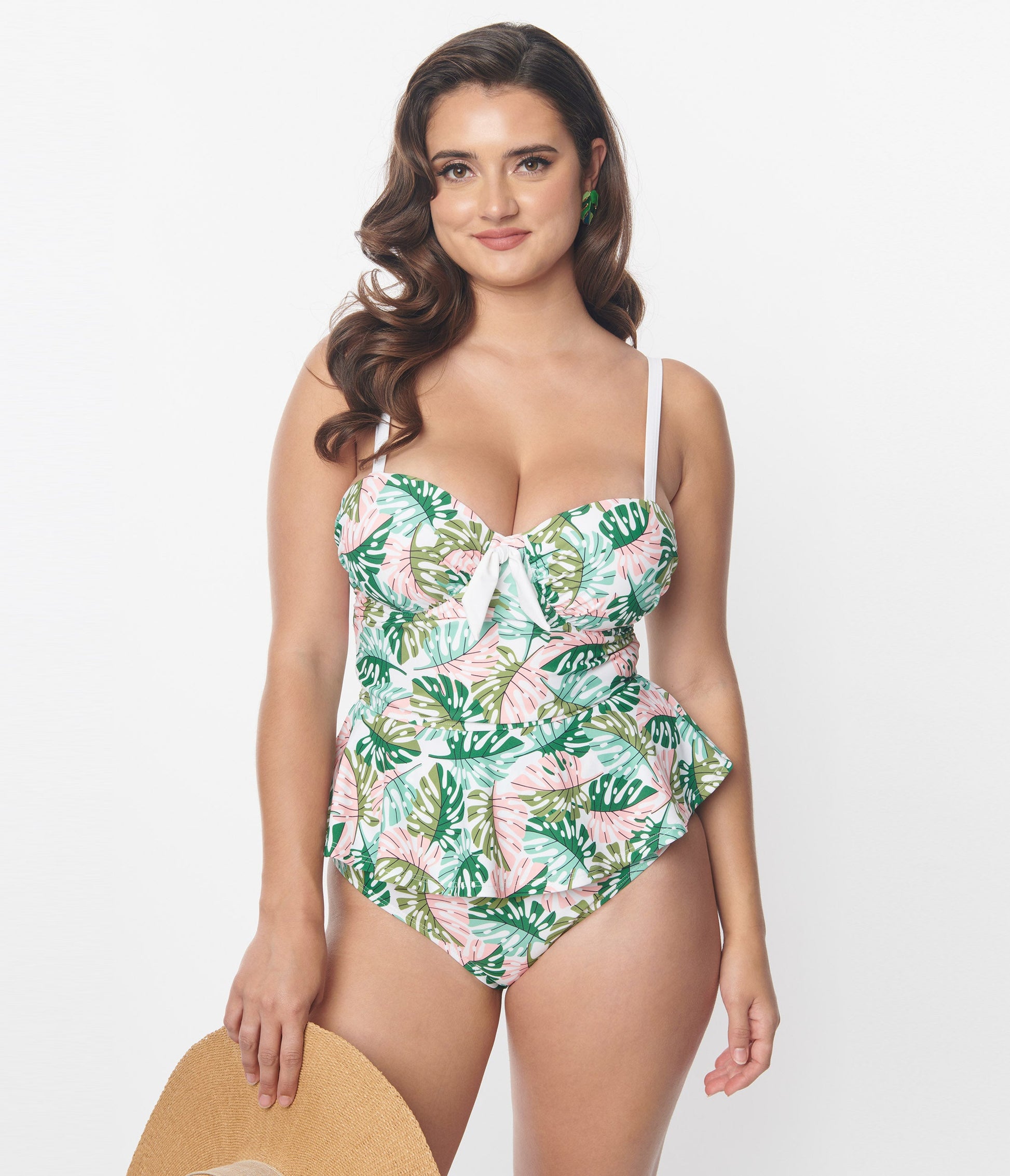 Unique Vintage Green & Pink Monstera Leaf Solana Tankini Swim Top - Unique Vintage - Womens, SWIM, TOP