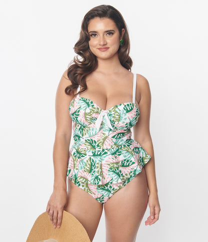 Unique Vintage Green & Pink Monstera Leaf Solana Tankini Swim Top - Unique Vintage - Womens, SWIM, TOP