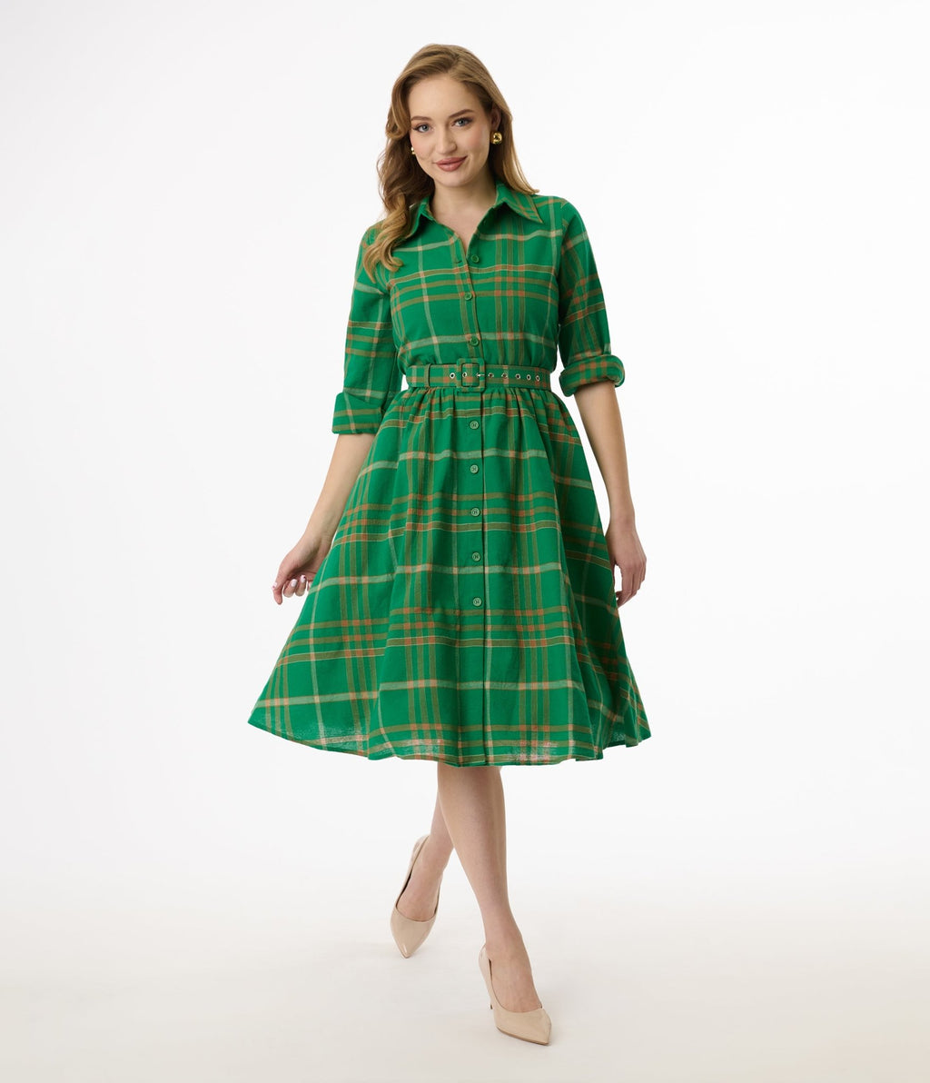 Unique Vintage Green Plaid Belted Cotton Shirt Dress