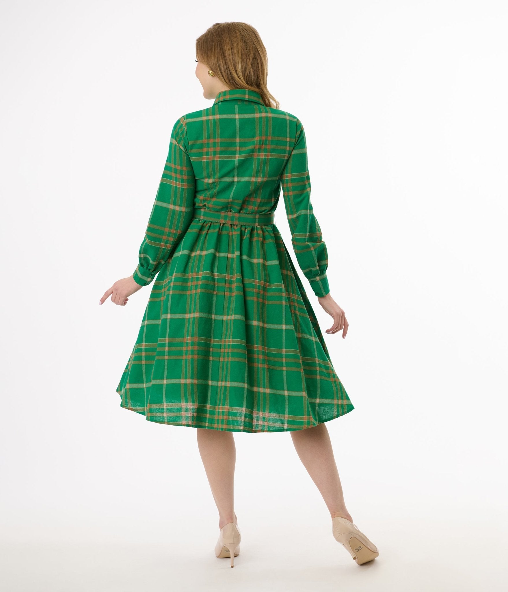 Unique Vintage Green Plaid Belted Cotton Shirt Dress Unique Vintage Green Plaid Belted Cotton Shirt Dress