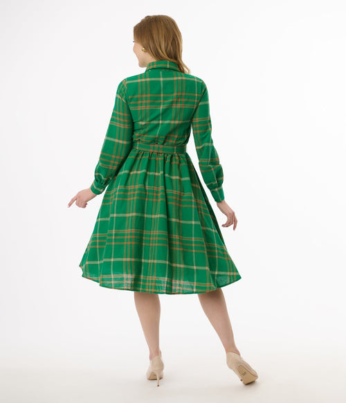 Unique Vintage Green Plaid Belted Cotton Shirt Dress