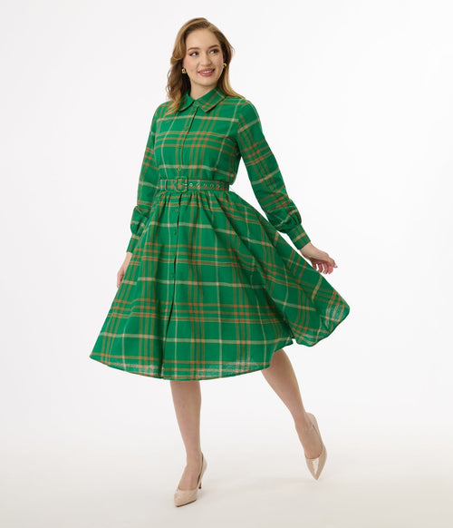 green plaid flannel dress Unique Vintage Green Plaid Belted Cotton Shirt Dress
