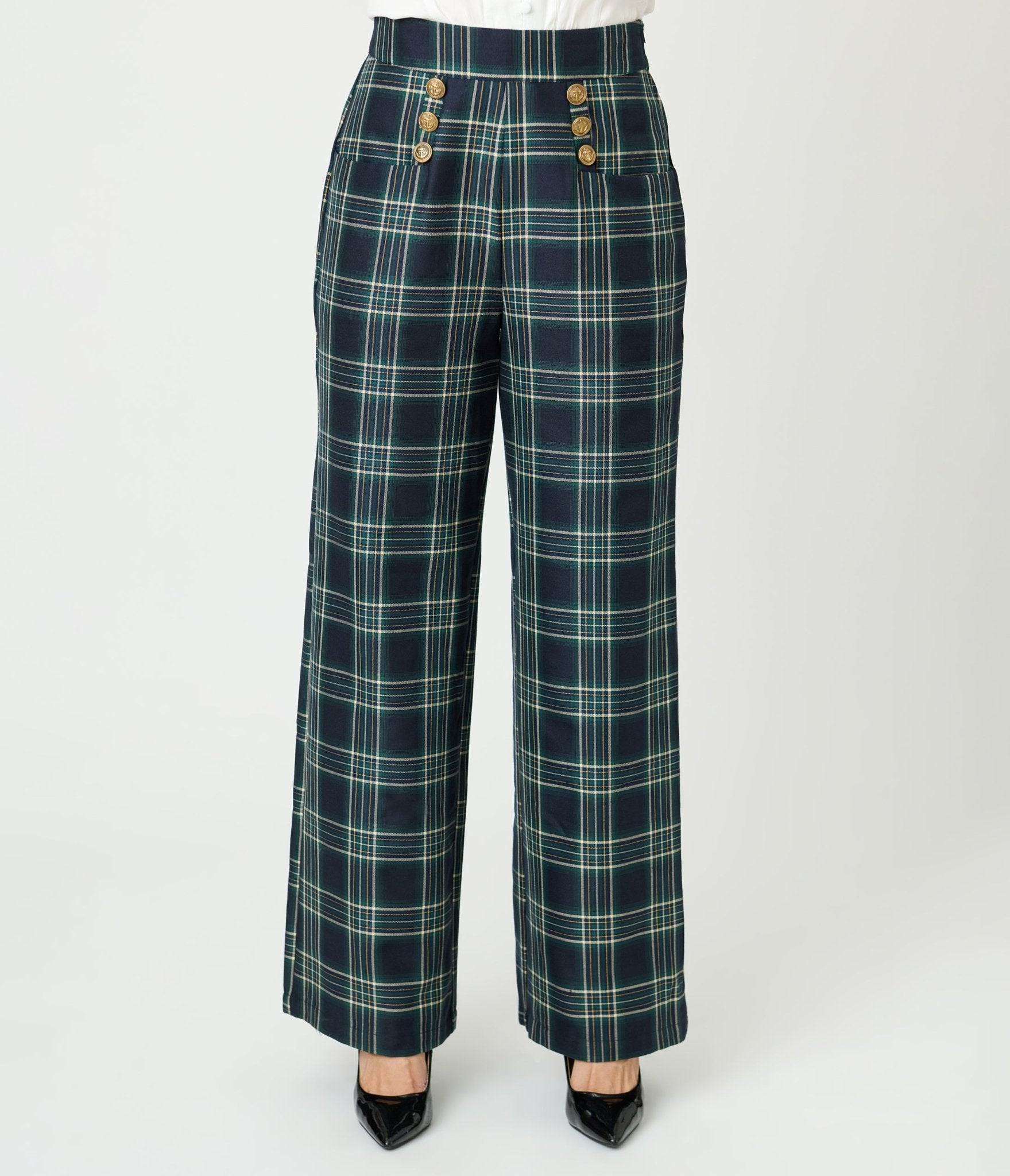 Unique Vintage Green Plaid High Waist Sailor Ginger Pants