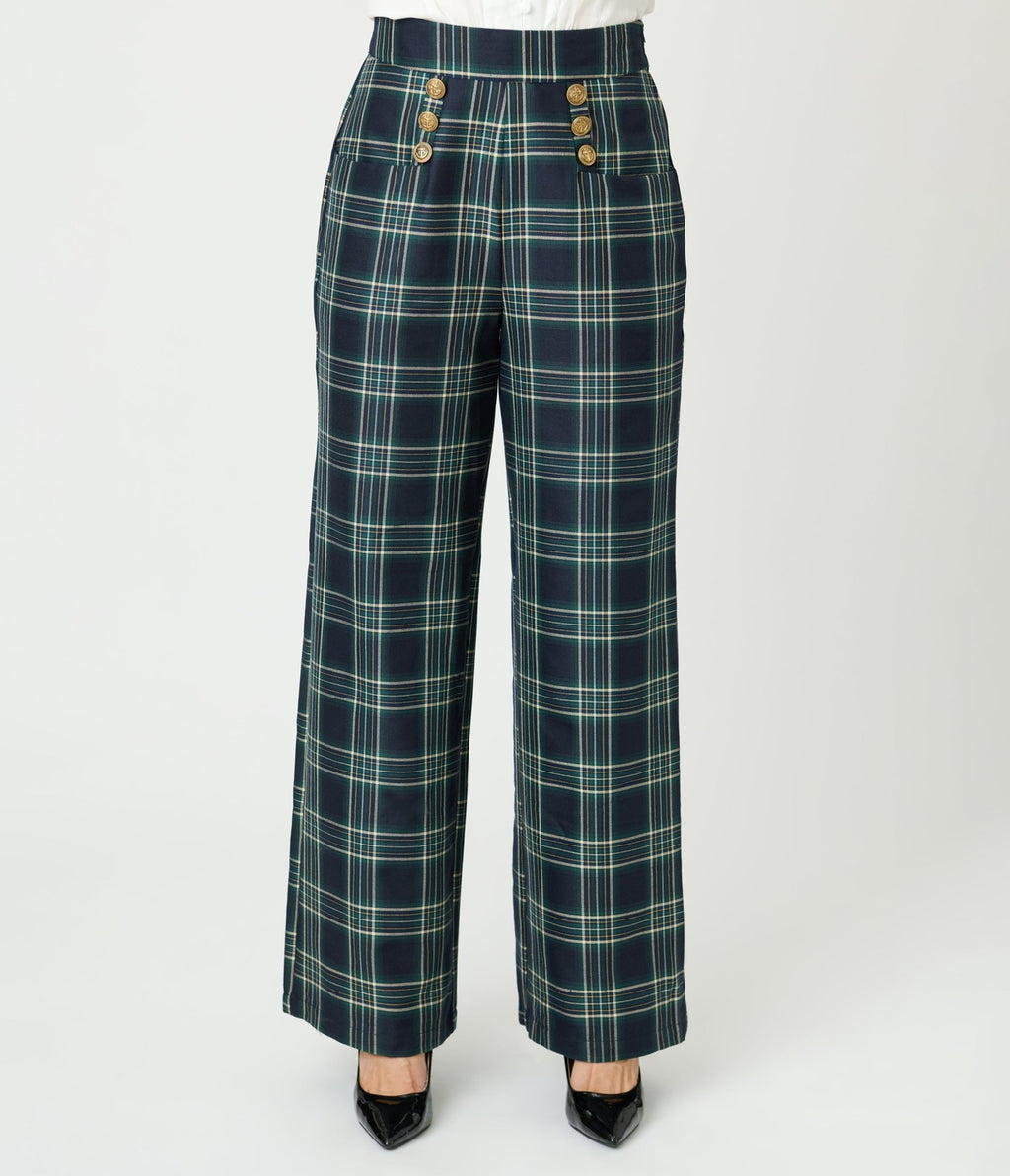 Unique Vintage Green Plaid High Waist Sailor Ginger Pants - Unique Vintage - Womens, BOTTOMS, PANTS