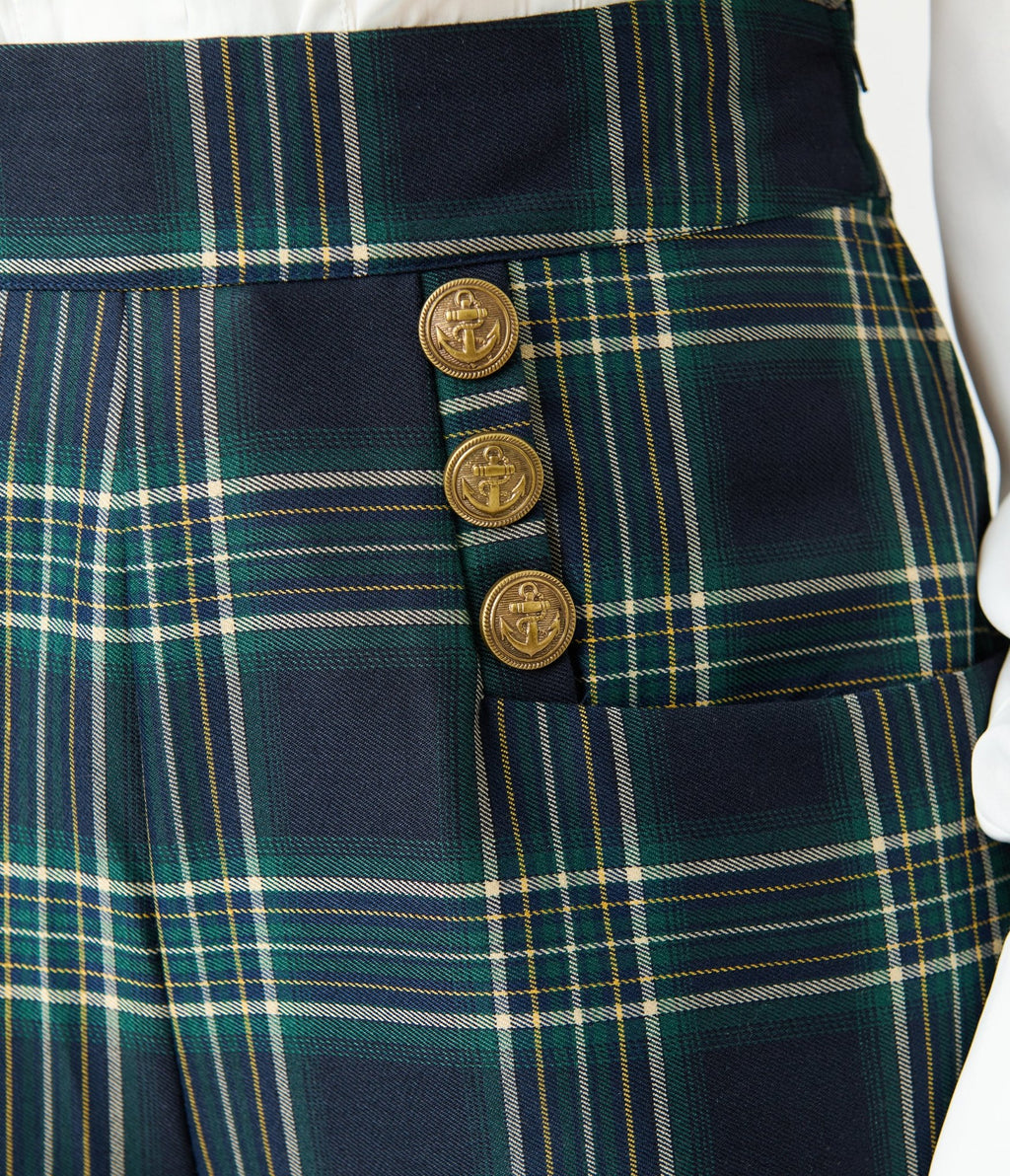 Unique Vintage Green Plaid High Waist Sailor Ginger Pants - Unique Vintage - Womens, BOTTOMS, PANTS