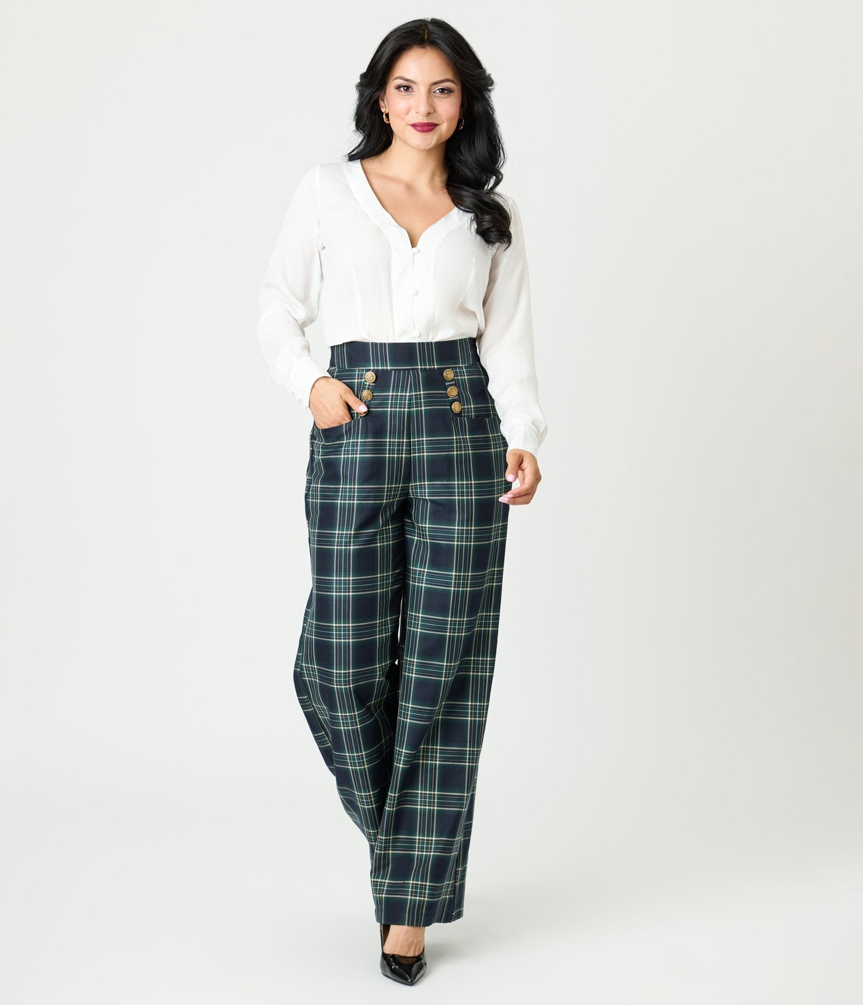 Unique Vintage Green Plaid High Waist Sailor Ginger Pants - Unique Vintage - Womens, BOTTOMS, PANTS