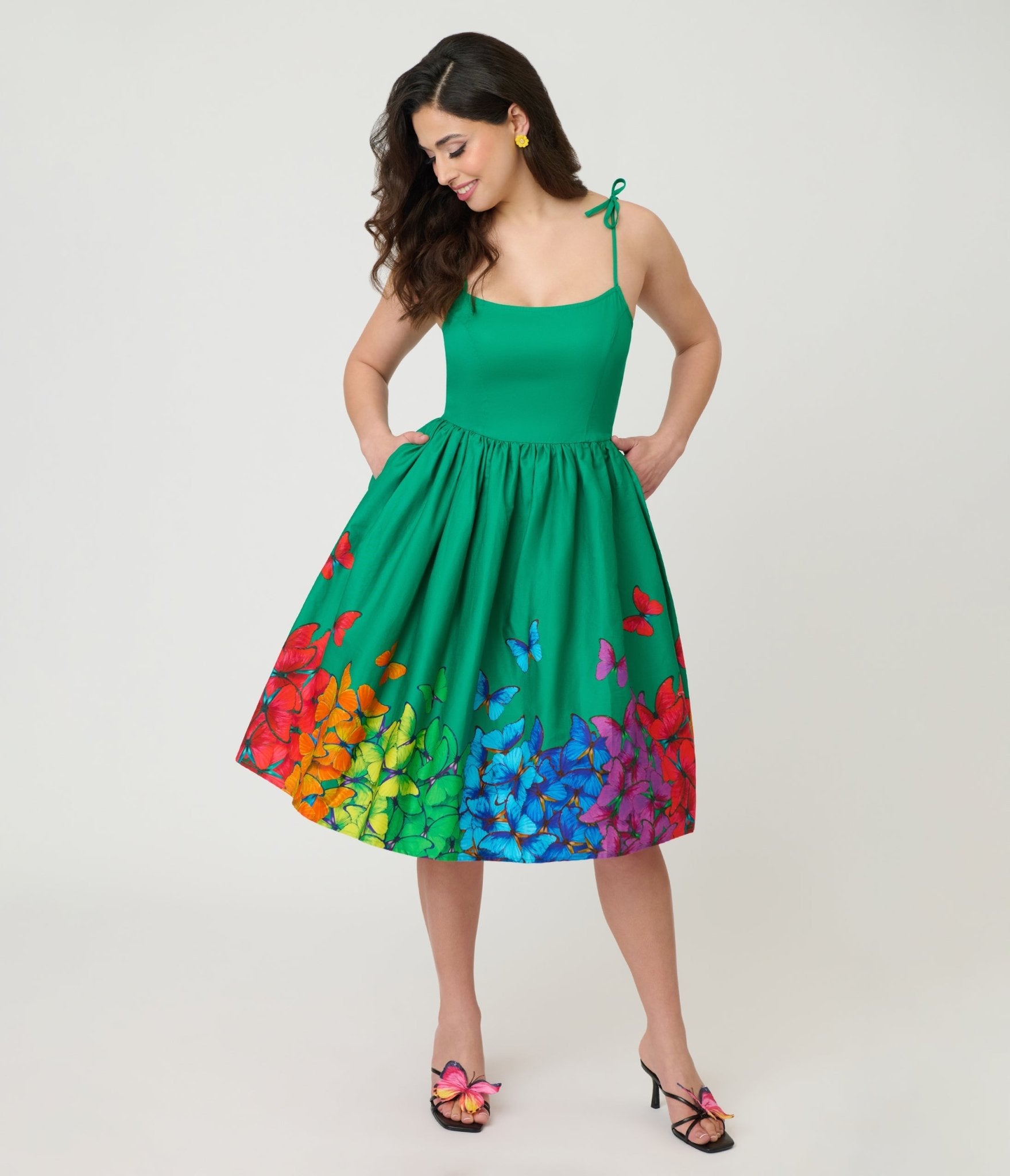 Unique Vintage Green & Rainbow Butterfly Cotton Bobbie Swing Dress - Unique Vintage - Womens, DRESSES, SWING