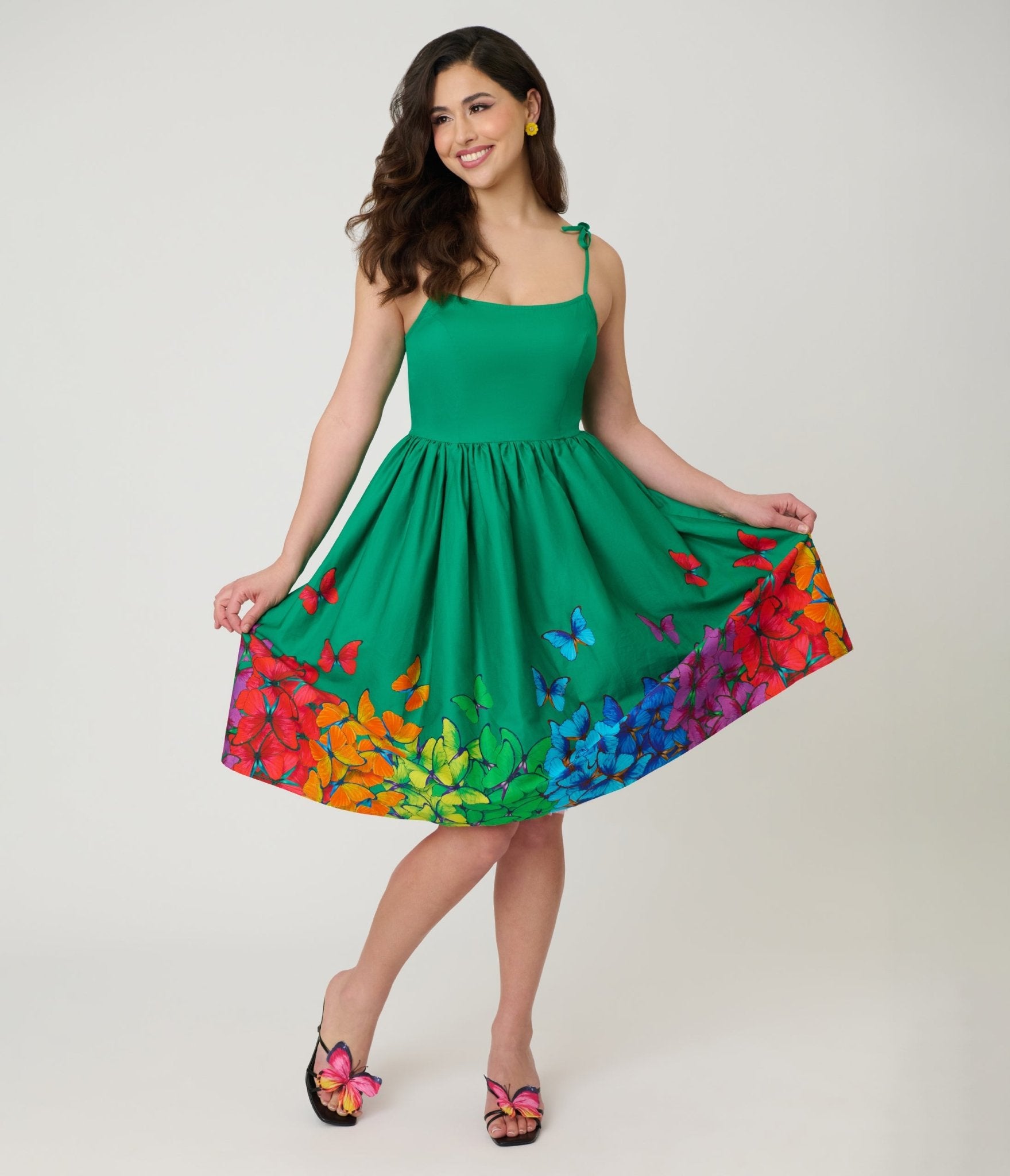 Unique Vintage Green & Rainbow Butterfly Cotton Bobbie Swing Dress - Unique Vintage - Womens, DRESSES, SWING