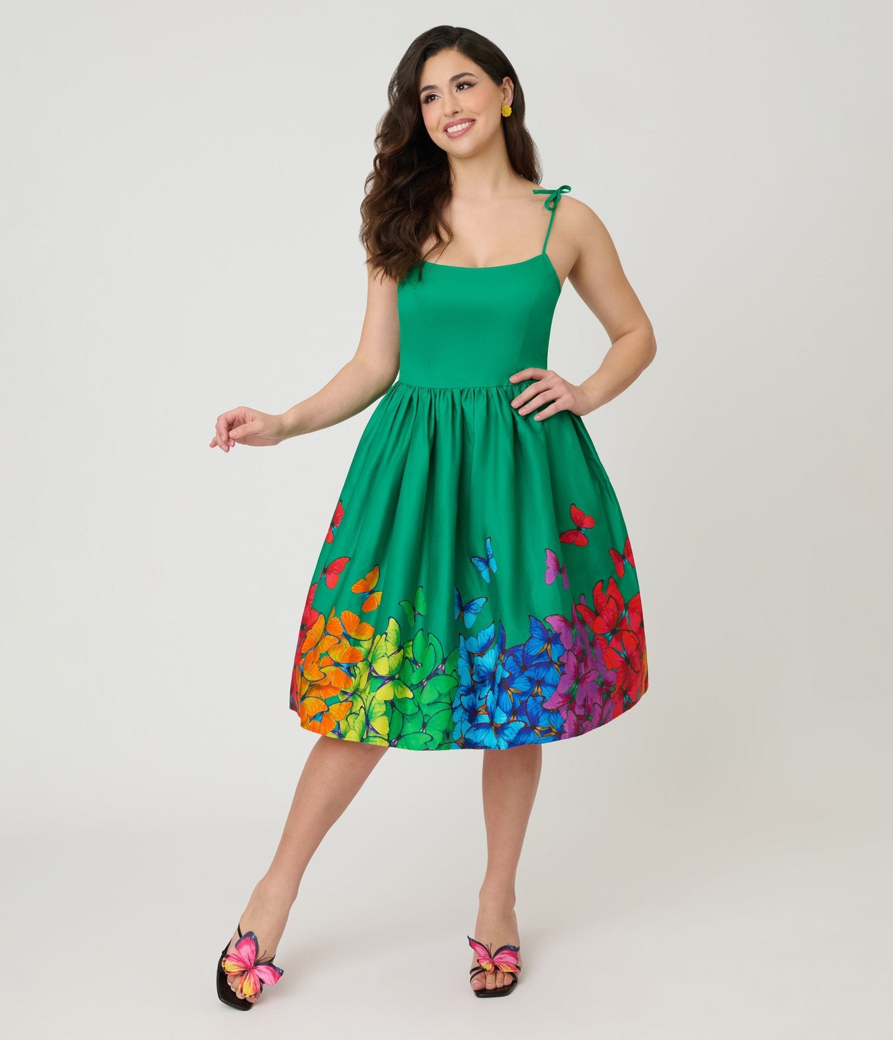 Unique Vintage Green & Rainbow Butterfly Cotton Bobbie Swing Dress