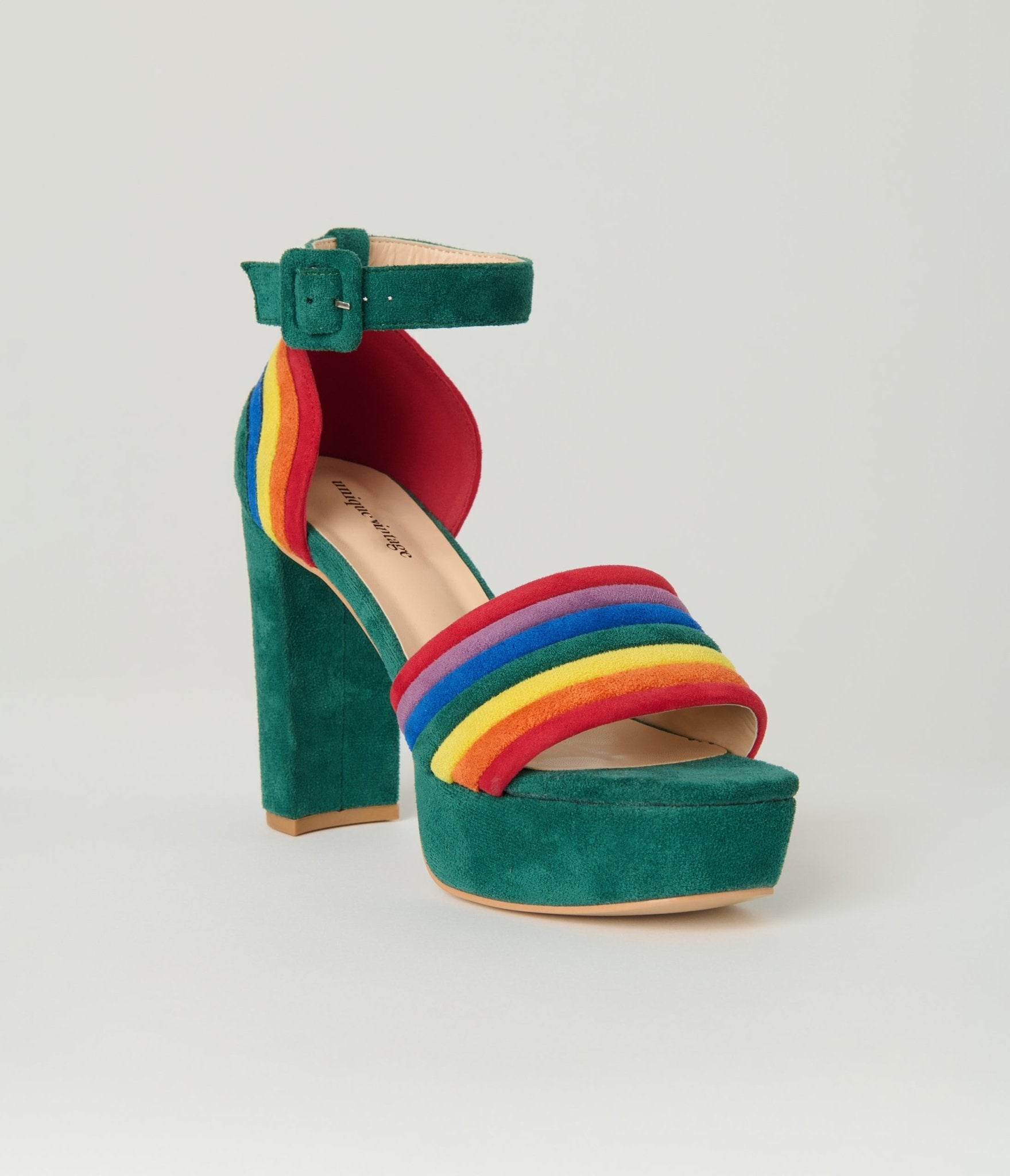 Unique Vintage Green & Rainbow Suede Peep Toe Pumps - Unique Vintage - Womens, SHOES, HEELS