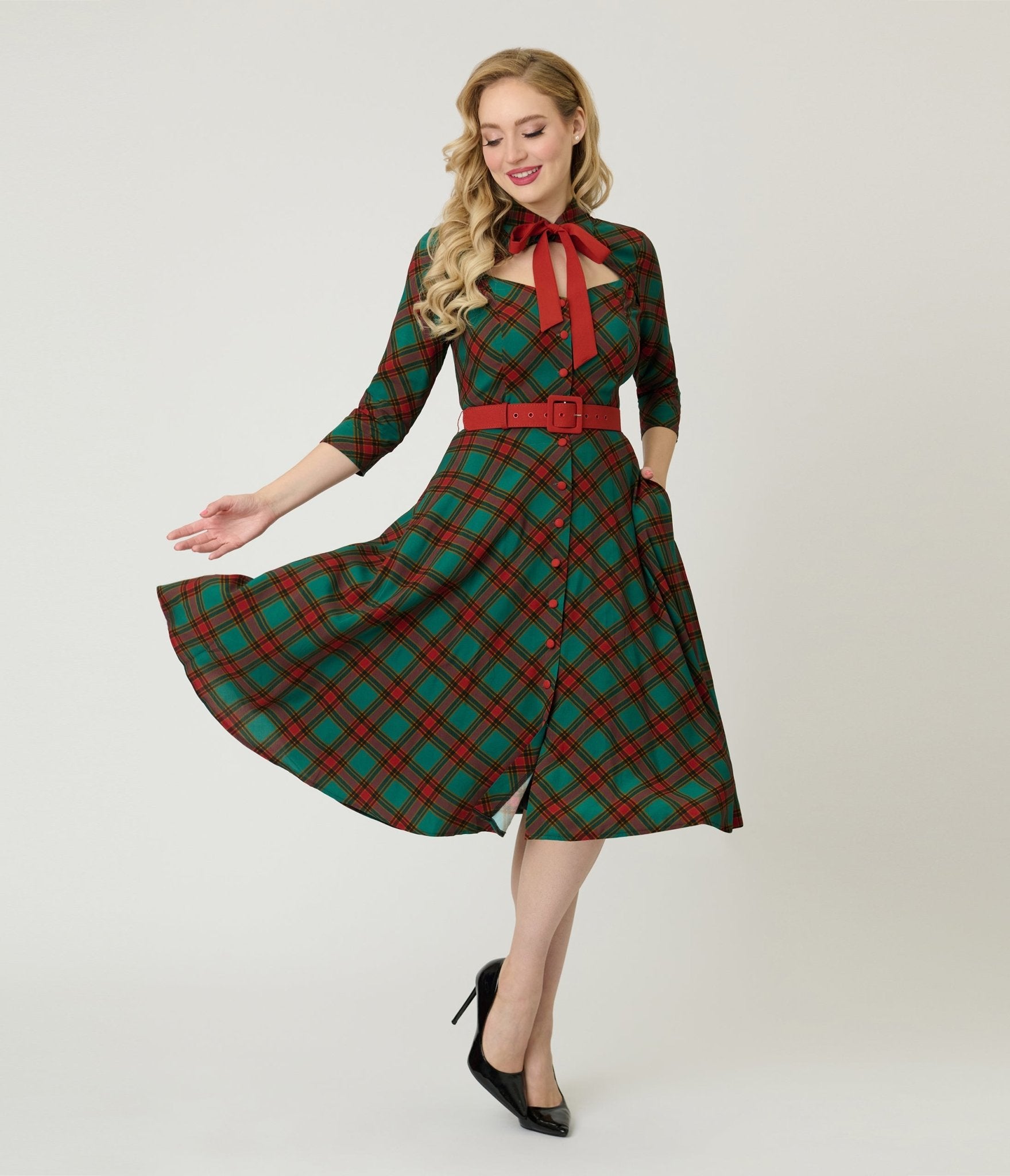 Unique Vintage Green & Red Bias Plaid Swing Dress - Unique Vintage - Womens, DRESSES, SWING