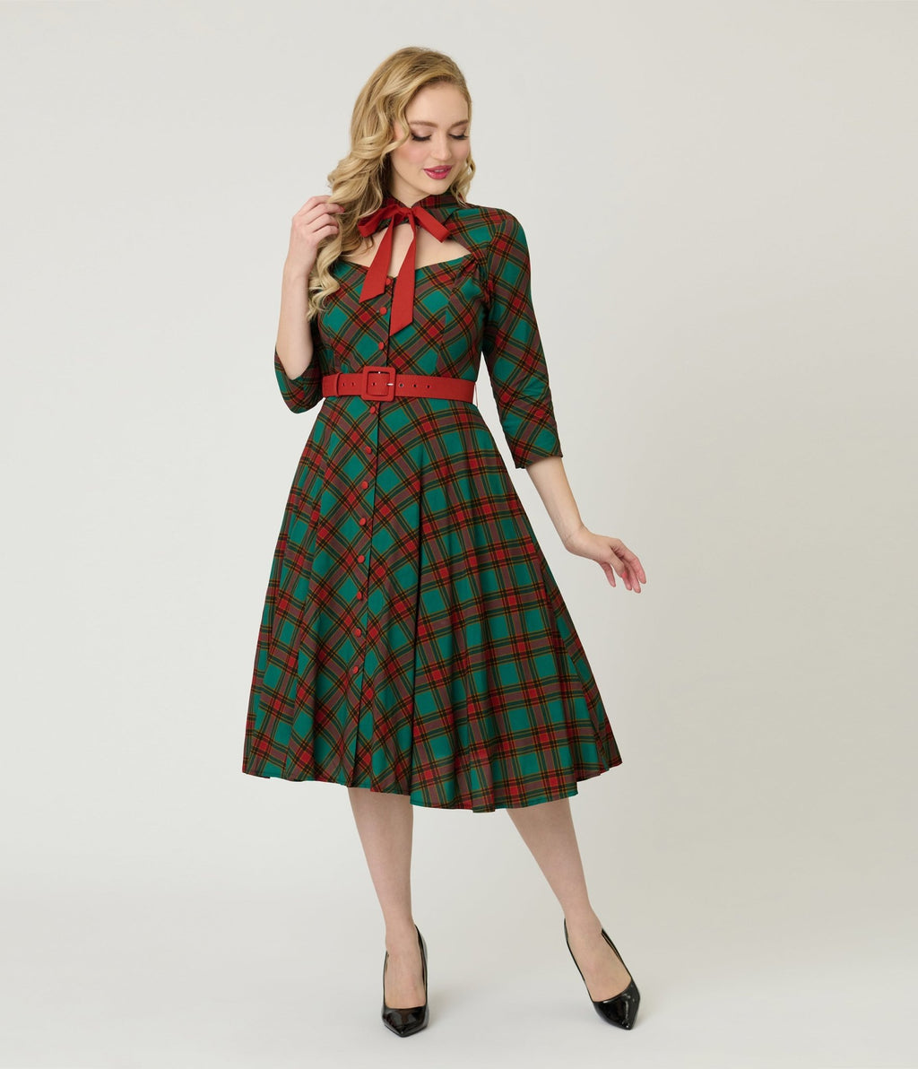 Unique Vintage Green & Red Bias Plaid Swing Dress - Unique Vintage - Womens, DRESSES, SWING