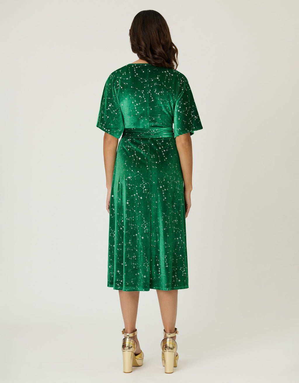 Unique Vintage Green & Silver Stars Velvet Wrap Midi Dress - Unique Vintage - Womens, DRESSES, MIDI