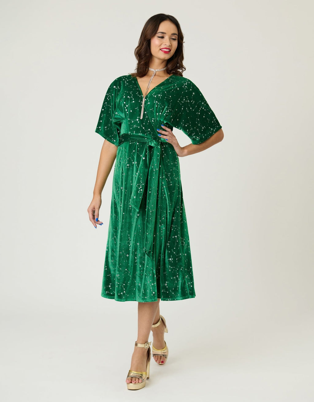 Unique Vintage Green & Silver Stars Velvet Wrap Midi Dress - Unique Vintage - Womens, DRESSES, MIDI