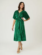 Unique Vintage Green & Silver Stars Velvet Wrap Midi Dress - Unique Vintage - Womens, DRESSES, MIDI