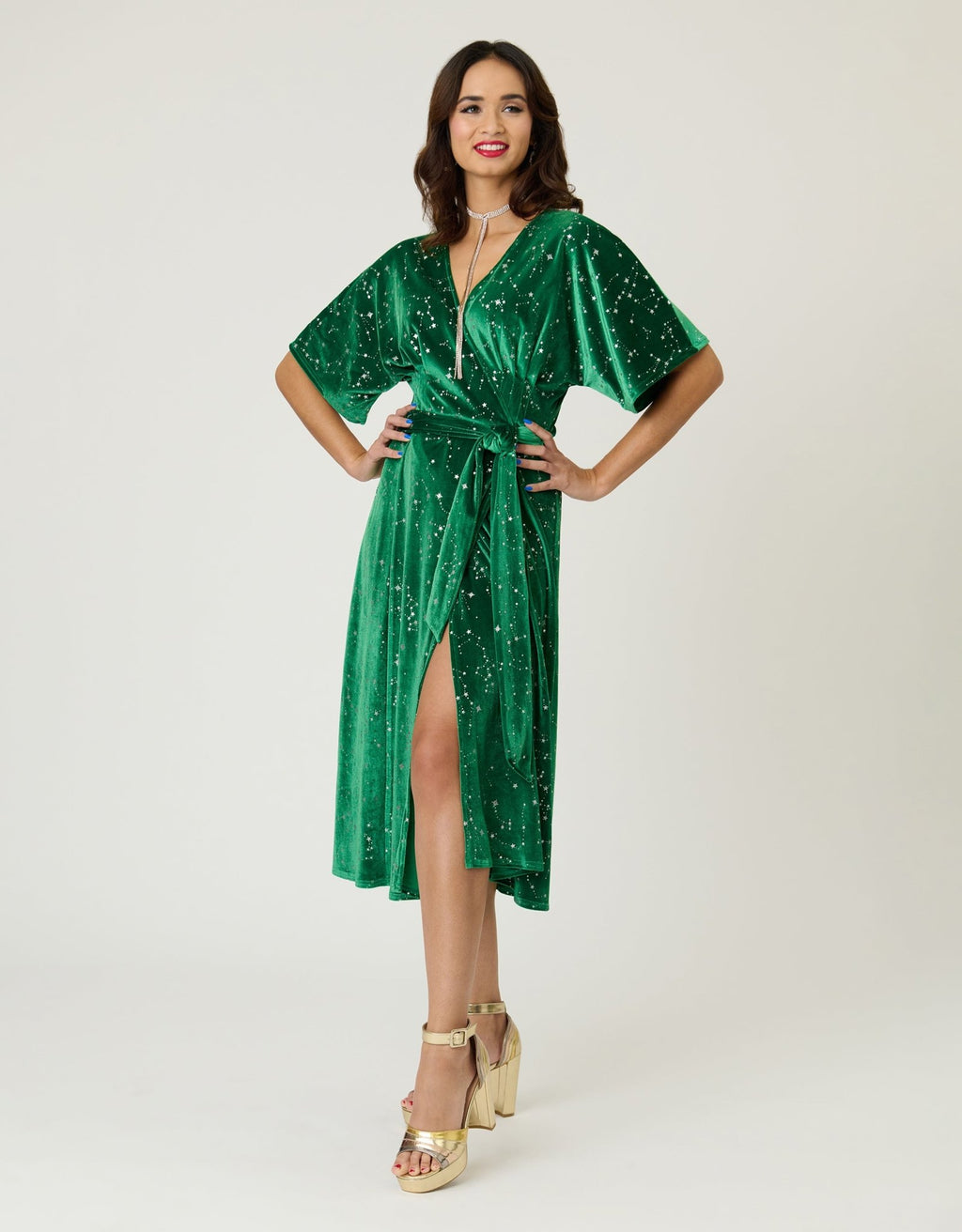 Unique Vintage Green & Silver Stars Velvet Wrap Midi Dress - Unique Vintage - Womens, DRESSES, MIDI