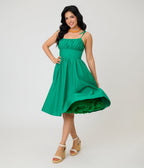 Unique Vintage Green Sleeveless Cotton Swing Dress - Unique Vintage - Womens, DRESSES, SWING