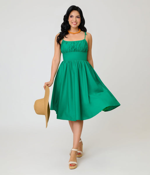Unique Vintage Green Sleeveless Cotton Swing Dress