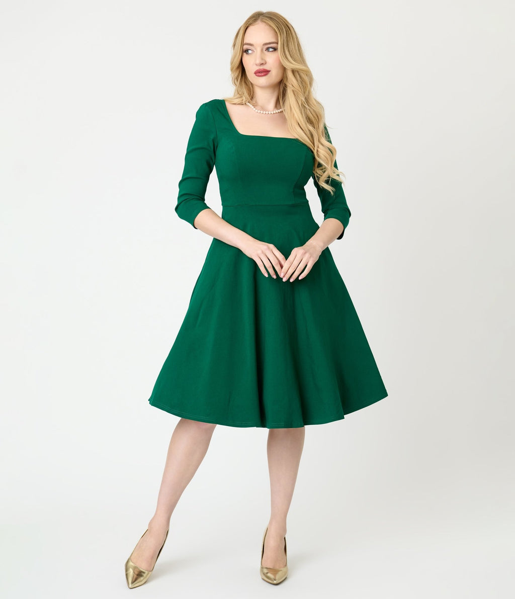Unique Vintage Green Square Neck Swing Dress - Unique Vintage - Womens, DRESSES, SWING