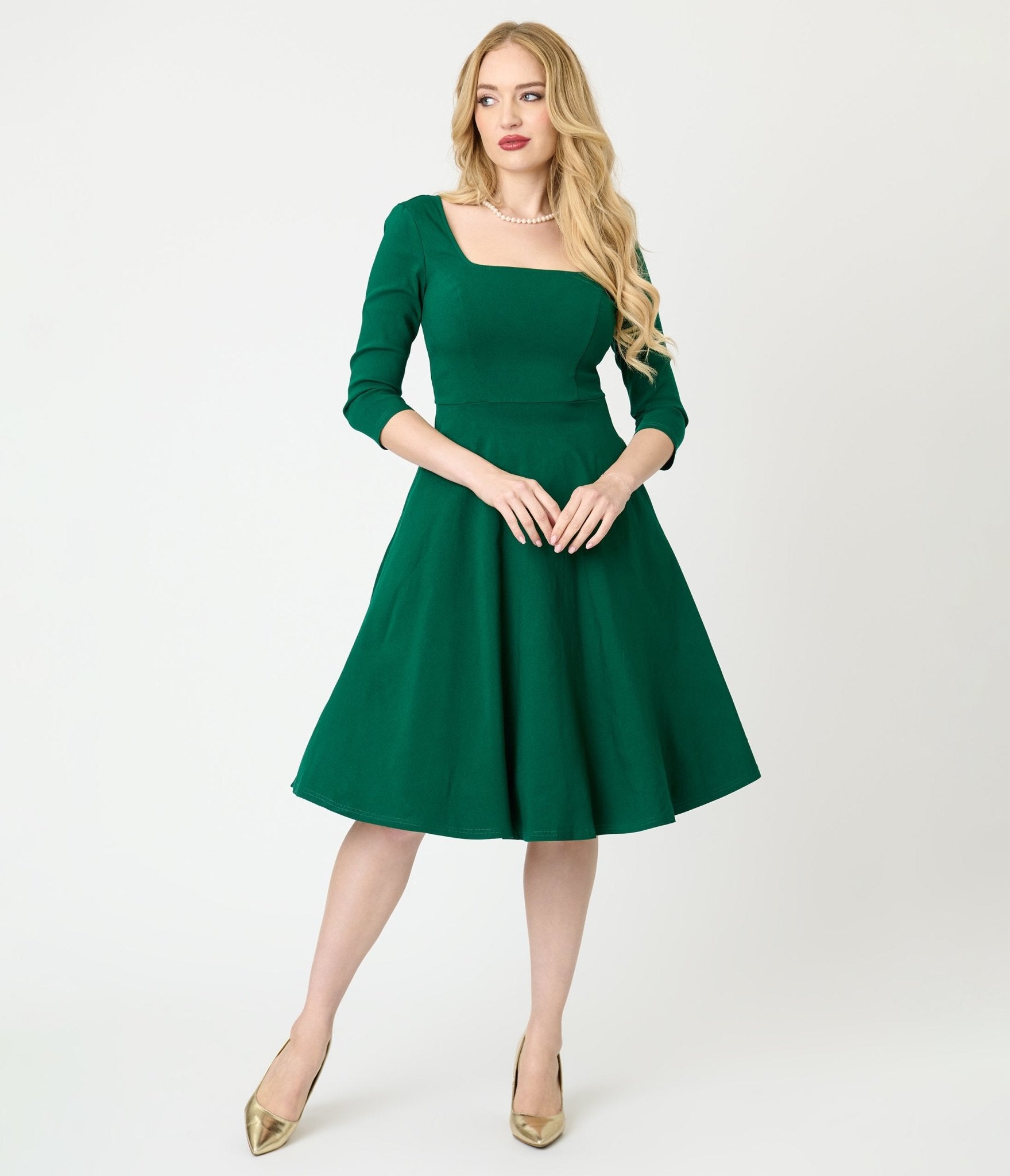 Unique Vintage Green Square Neck Swing Dress - Unique Vintage - Womens, DRESSES, SWING