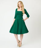 Unique Vintage Green Square Neck Swing Dress - Unique Vintage - Womens, DRESSES, SWING
