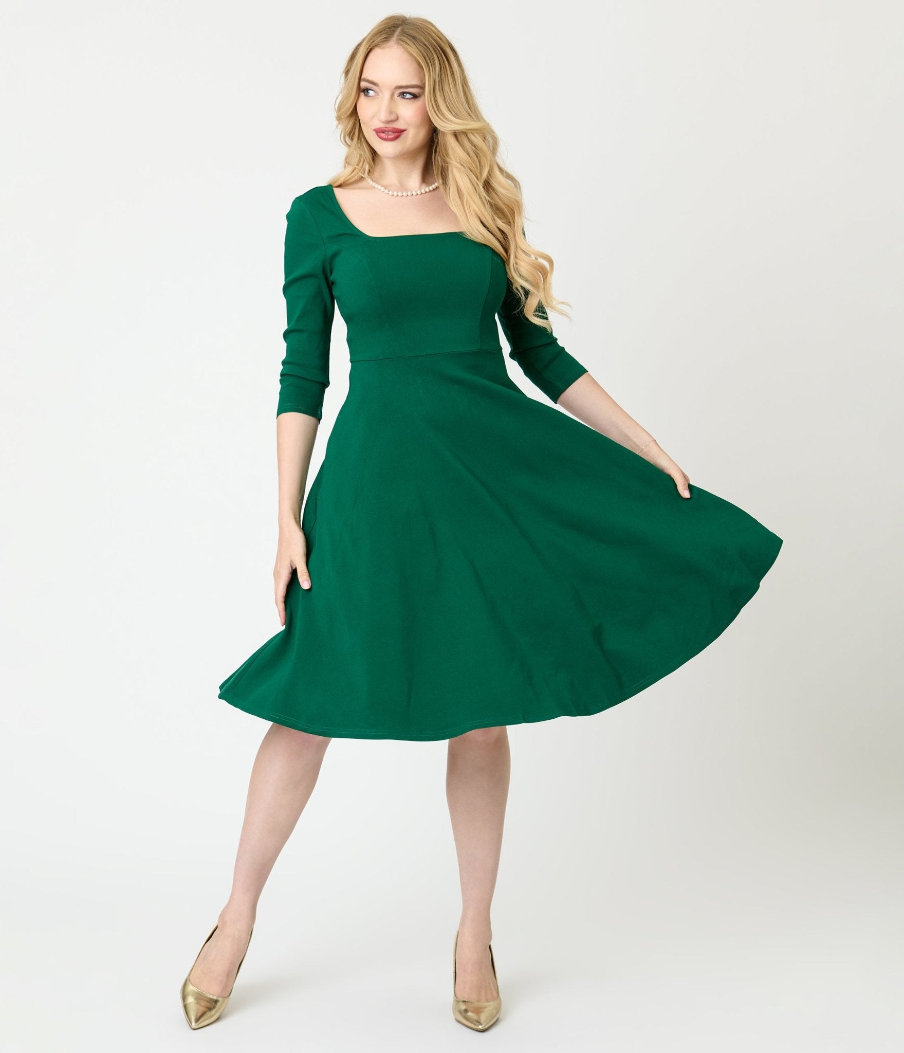 Unique Vintage Green Square Neck Swing Dress