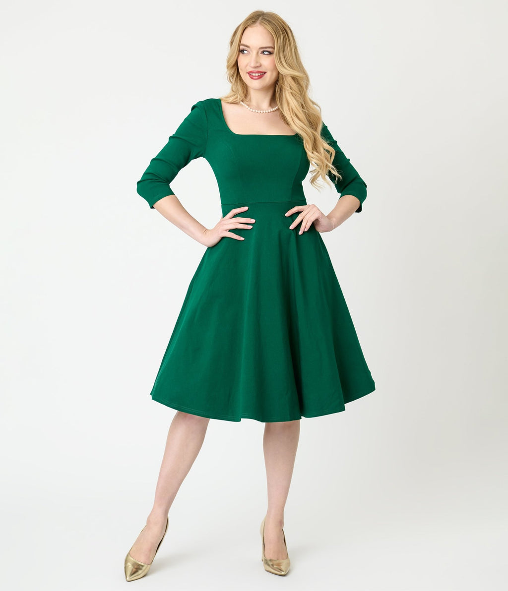 Unique Vintage Green Square Neck Swing Dress - Unique Vintage - Womens, DRESSES, SWING