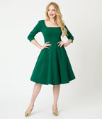 Unique Vintage Green Square Neck Swing Dress - Unique Vintage - Womens, DRESSES, SWING