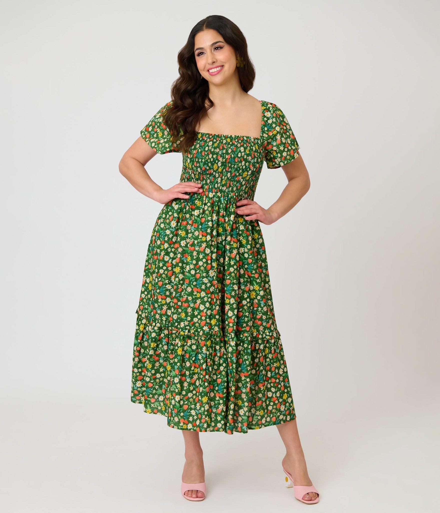 Unique Vintage Green & Strawberry Print Smocked Bodice Midi Dress